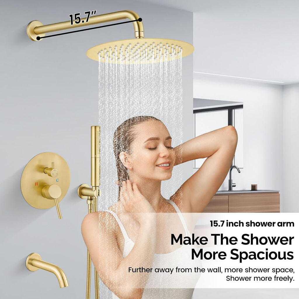 Airuida 3-Function Rain Shower System Set – Wall Mount Tub Shower Combo with Handheld Shower and Tub Spout,12 Inch Shower Head,Brushed Gold