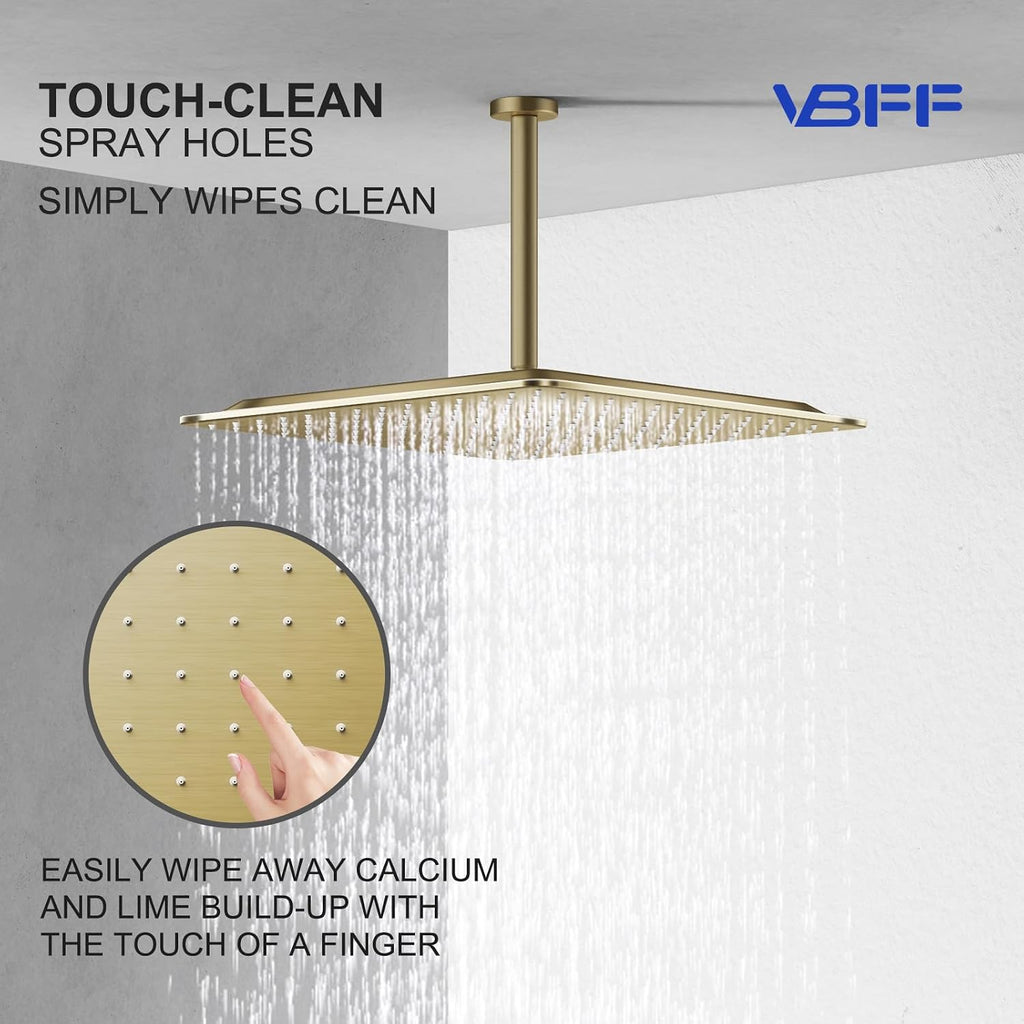 VBFF-Shower Head,rain shower head, 16 inch- Square Shower Head, 1.8 GPM Flow Rate, rainfall showerhead,VBFF10 (Brushed Gold)