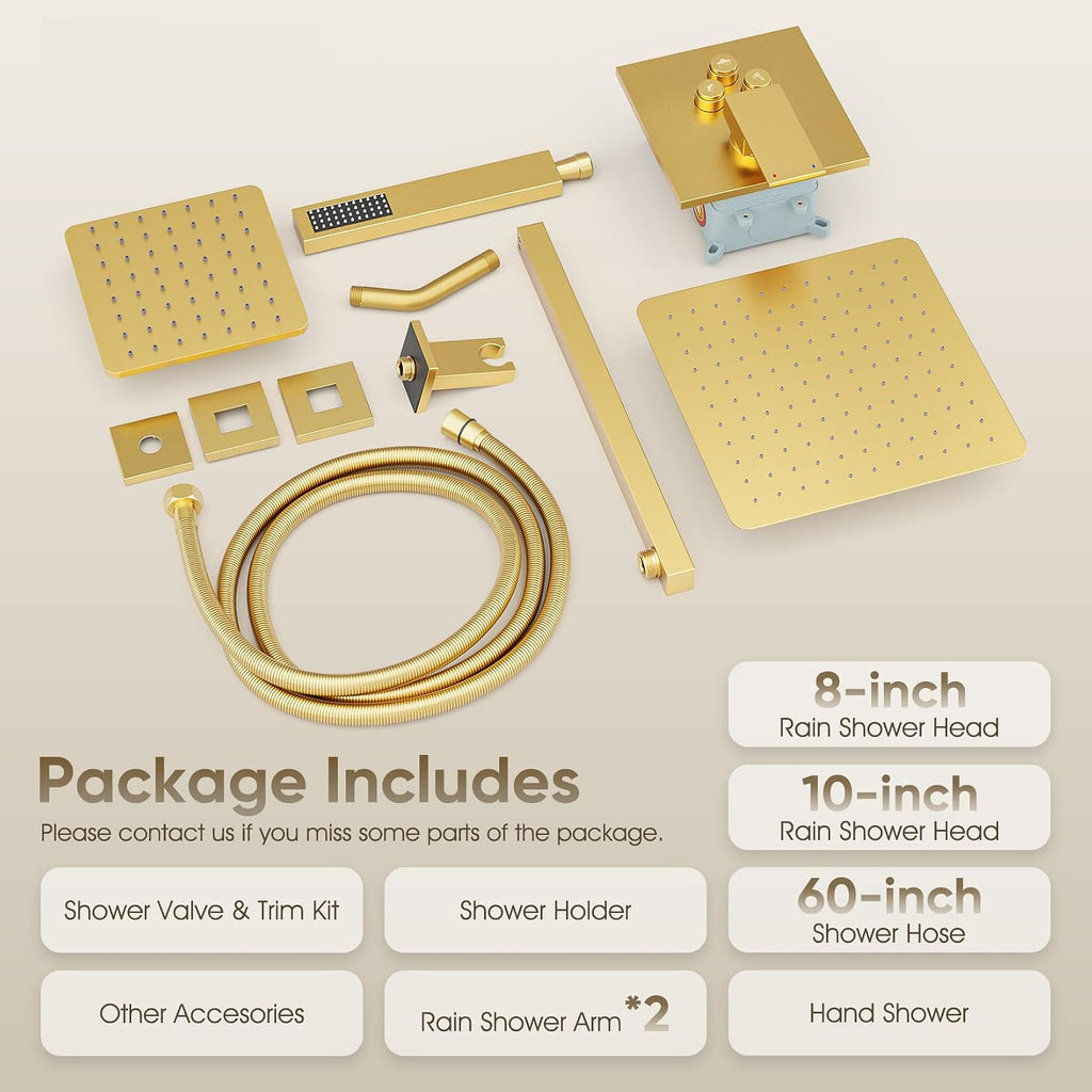 Shower Faucet Set Brushed Gold, 10+8' Dual Rain Shower Head with Handheld Spray for Two People,Wall Mount Rainfall 3 Way Shower Valve and Trim Kit Complete