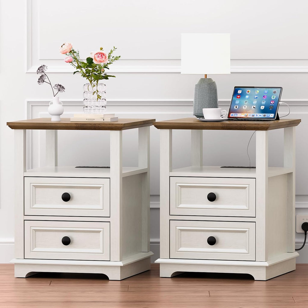 REDAYFUR 18' Wide End Table with Fast Charging Station Set of 2, 18' Wide Sofa End Table with Drawers,Storage Rustic Wood Storage Cabinet,Sofa Table for Living Room,White
