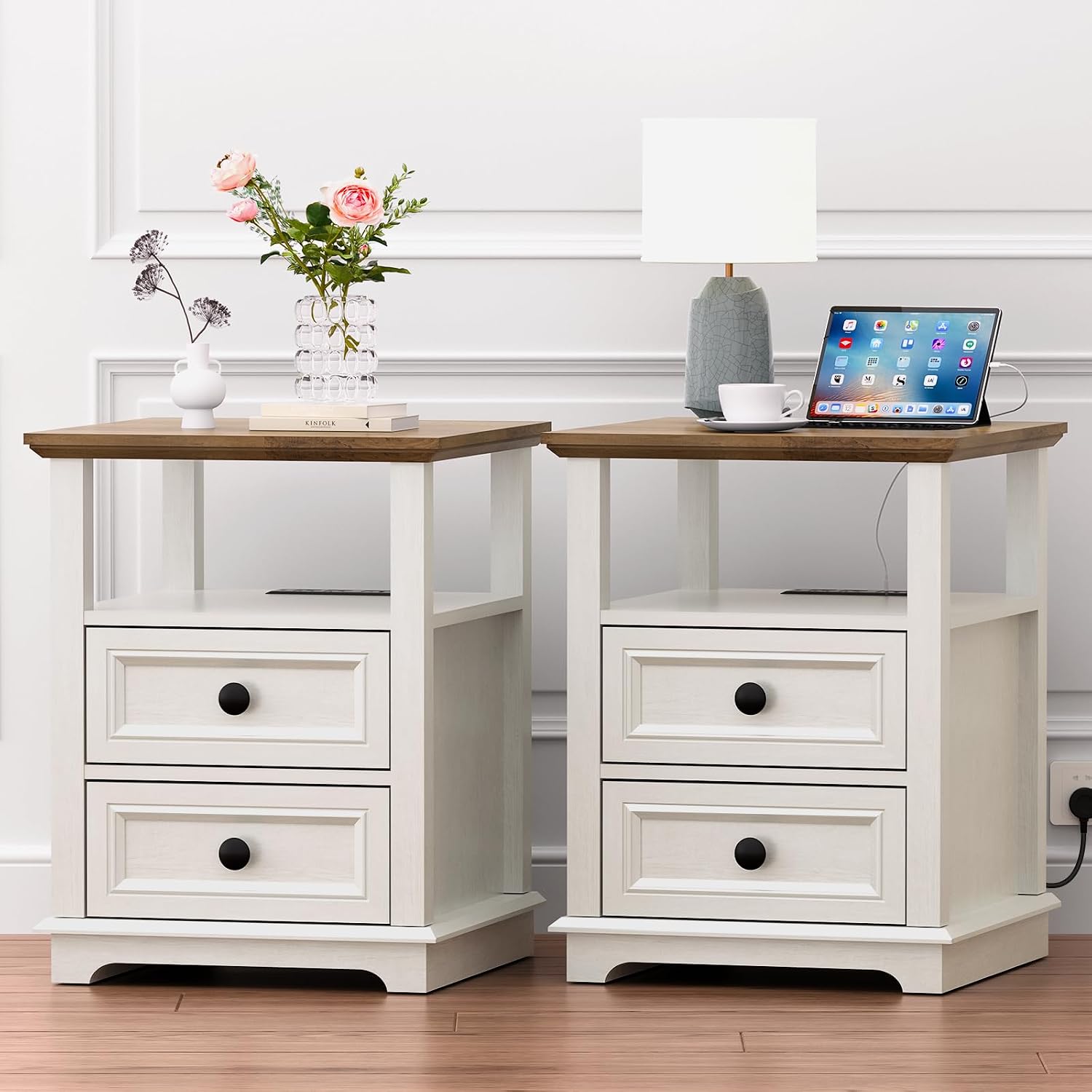 REDAYFUR 18' Wide End Table with Fast Charging Station Set of 2, 18' Wide Sofa End Table with Drawers,Storage Rustic Wood Storage Cabinet,Sofa Table for Living Room,White