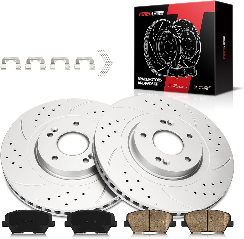 Front Brake Rotors and Pads kit Torchbeam replacement for 2016-2020 Sorento, 2017-2018 Santa Fe Sport, 31625+D1815 Drilled and Slotted Brake Rotors Ceramic Brake Pads