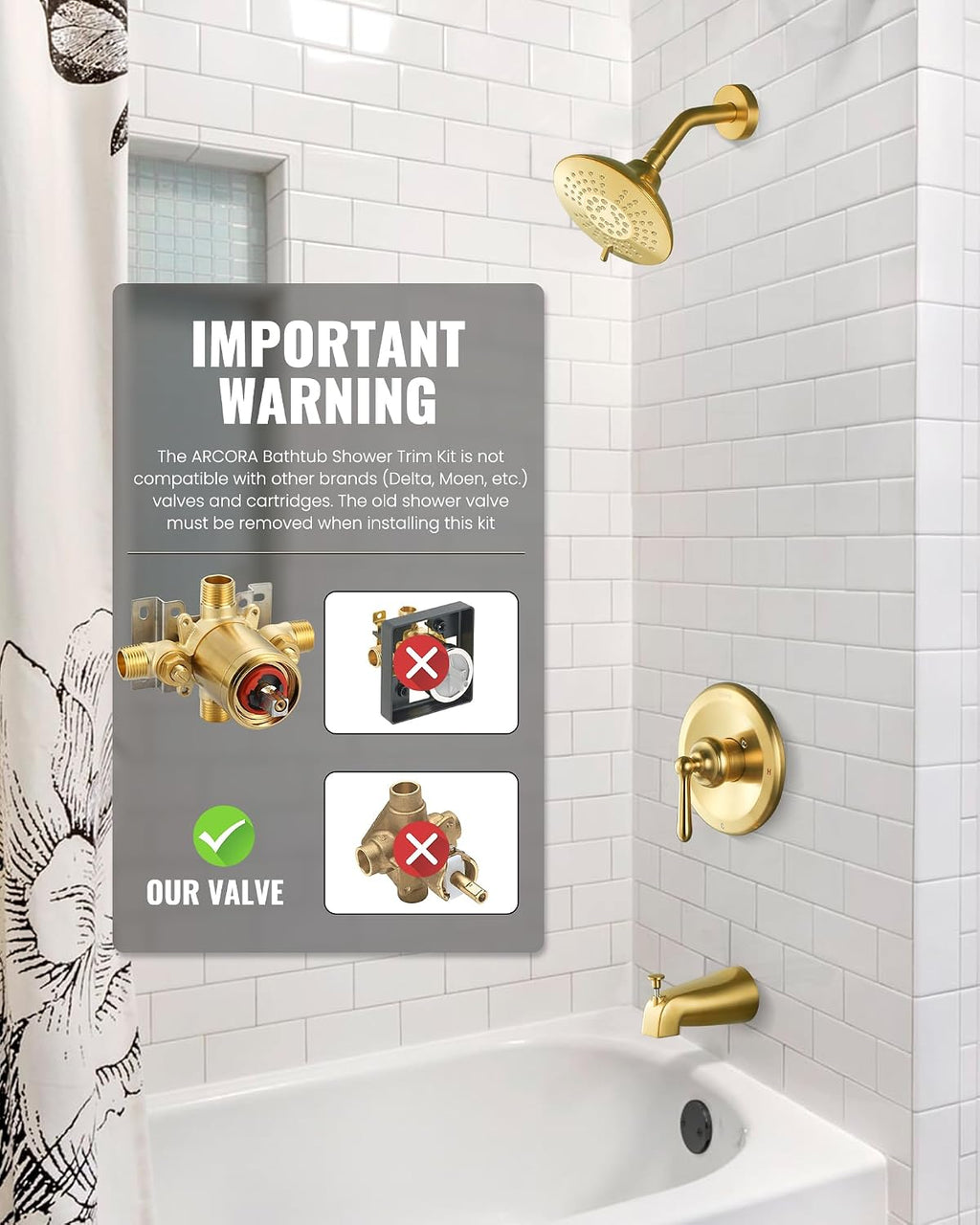 Shower Faucet Set Brushed Gold: Single Handle Bathtub Trim Kit with 6 Inch Rain Shower Head and Tub Spout, High Pressure Faucet Set for Bathtub (Brass Valve Included)