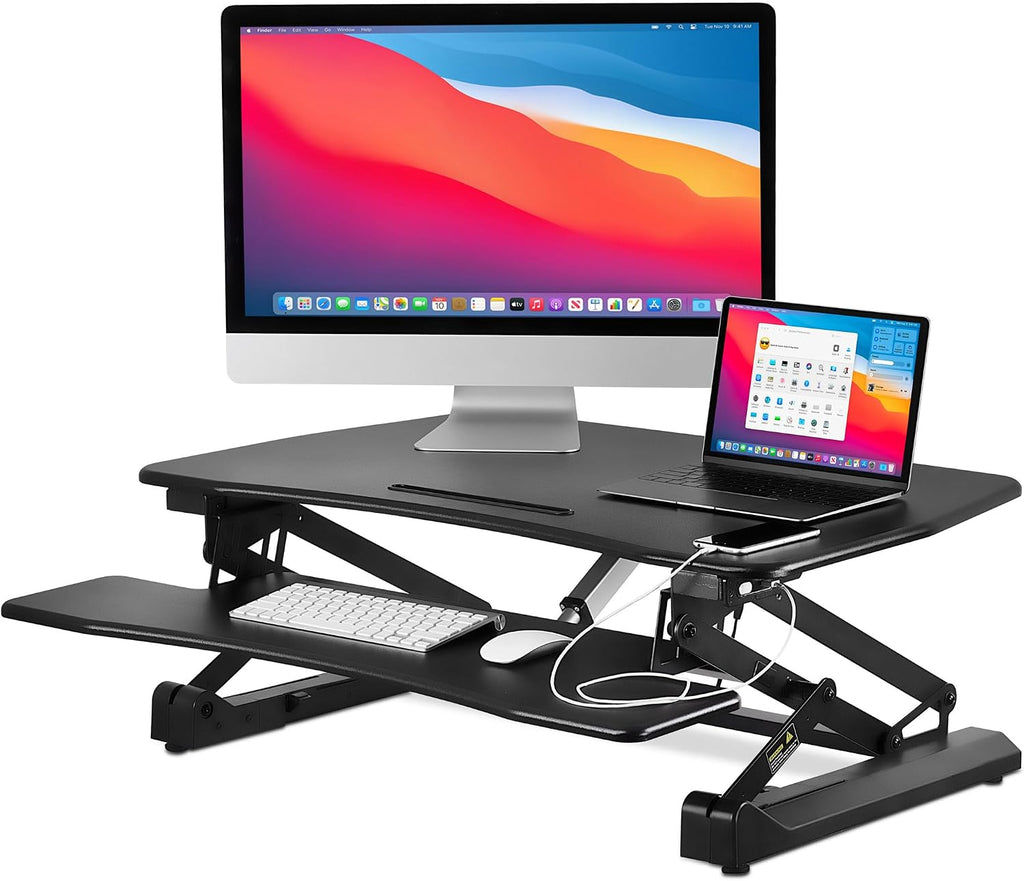 Mount-It! Electric Standing Desk Converter 35.4' Quick Sit Stand Desk Riser, Computer Workstation Motorized Easy Convertor with Built-in USB Charging Port, Ergonomic Height Adjustable in Black