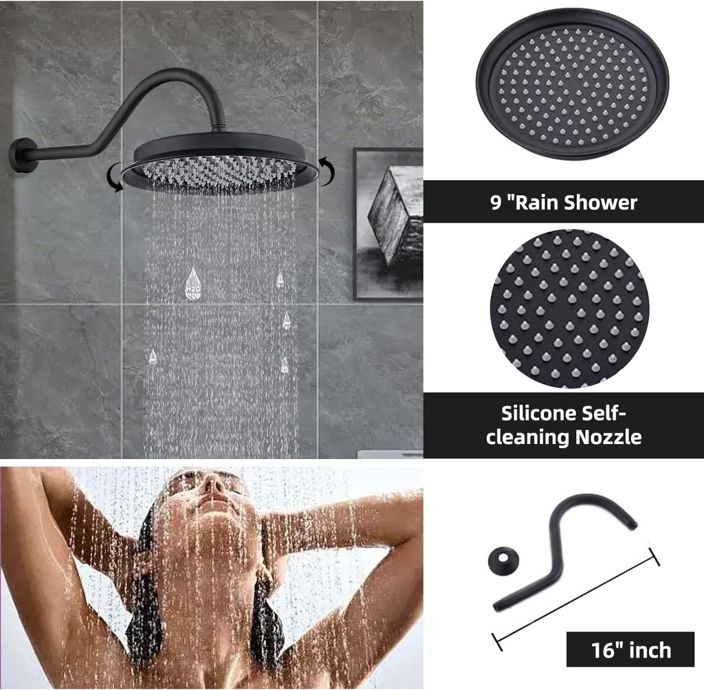 All Metal Thermostatic Shower System with Tub Spout Matte Black Backnets 9 Inch Wall Mounted Shower Tub Faucet Set for Bathroom with Handheld Sprayer, Rough-in Valve Body and Trim kit