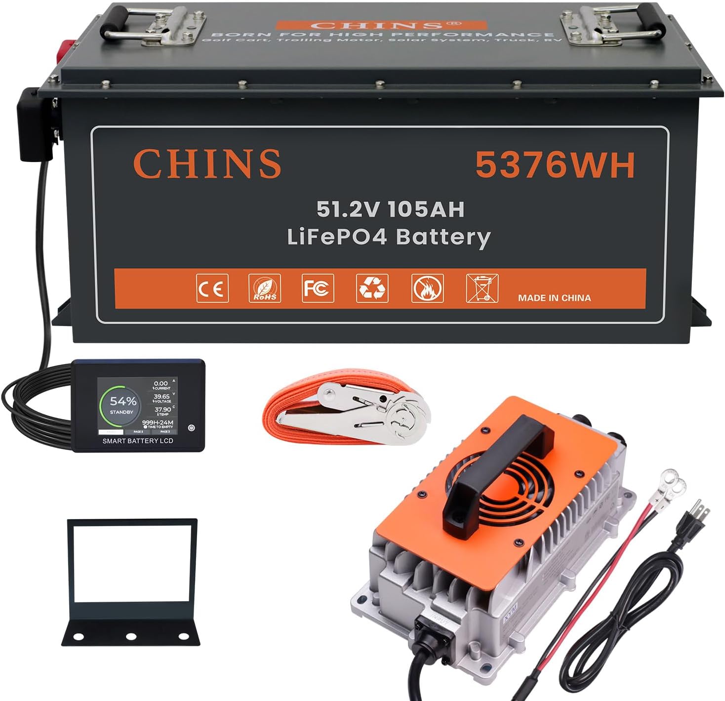 48 Volt Lithium Battery for Golf Cart, 200A BMS - 1000A Peak Current, with Touch Monitor & Mobile APP, 5000+ Cycles 48V 105AH Lithium Battery with 48V 18A Charger