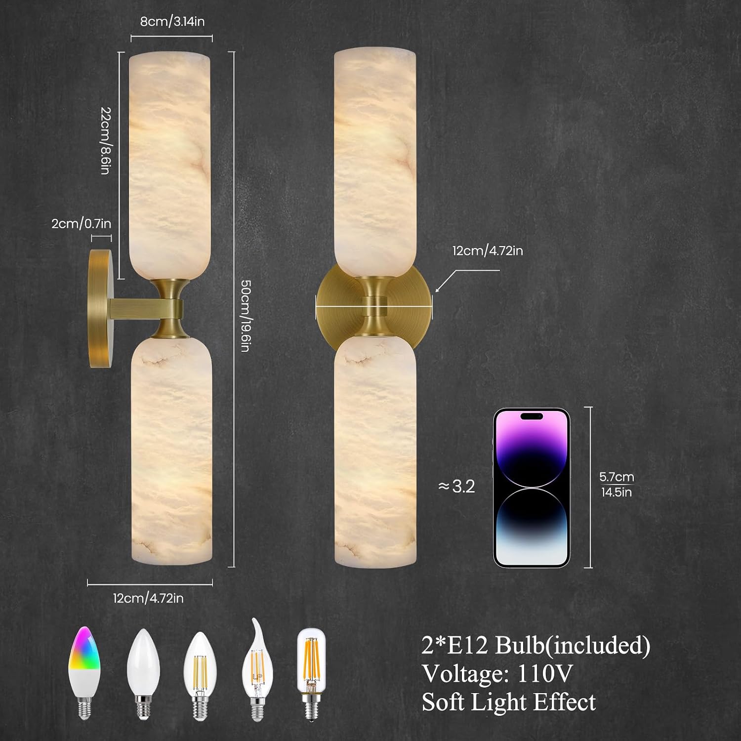 20in Alabaster Wall Sconces Set of Two, Modern Spanish Natural Marble Bathroom Vanity Sconces, Brass Alabaster Sconce Wall Lighting, Gold Wall Light Fixtures Decor for Bedroom Living Room Staircases