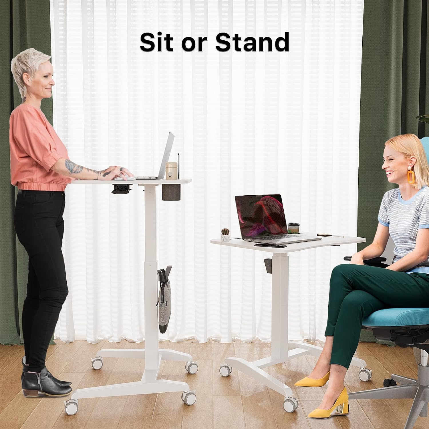 Gibbon Mounts Mobile Standing Desk, Height Adjustable Rolling Laptop Desk, 27 inches Portable Sit Stand Desk with Wheels and Hook, Pneumatic Computer Table, White