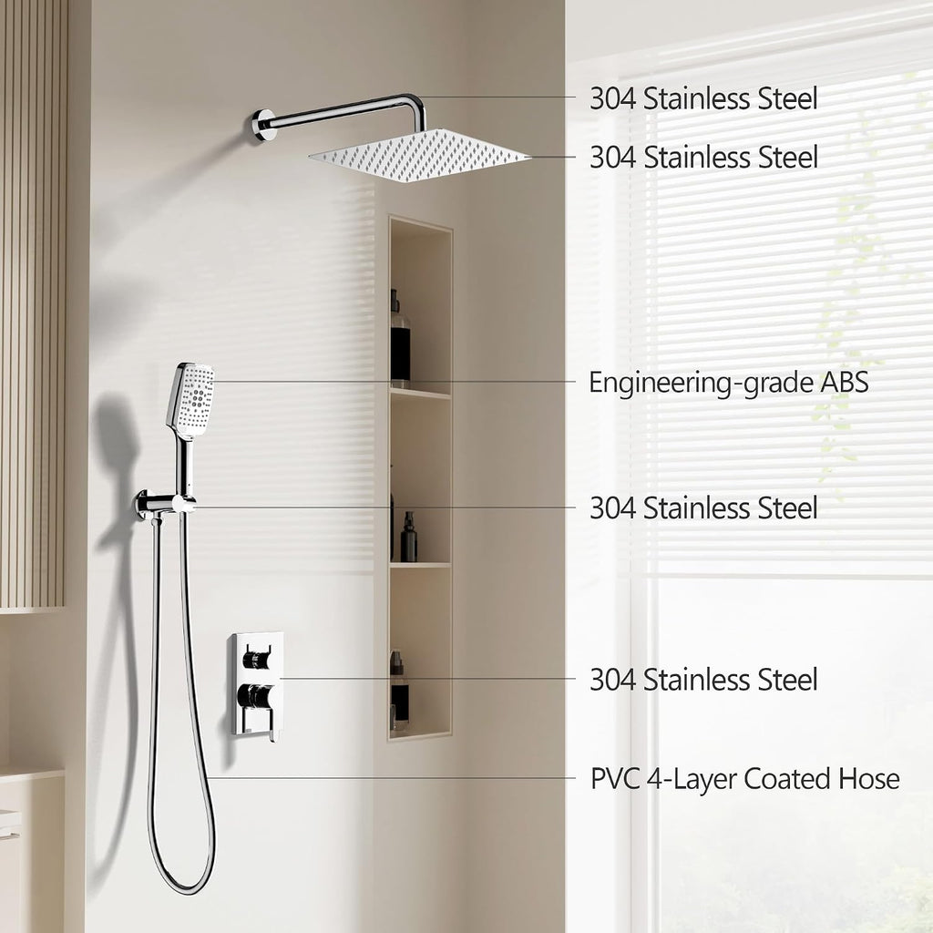 Shower Faucet Set - 12 inches Rain Shower System with 6 Function Handheld Shower Head Rough in Pressure Balance Valve Kit - Stainless Steel Bathroom Shower Kit Complete （Polished Chrome）