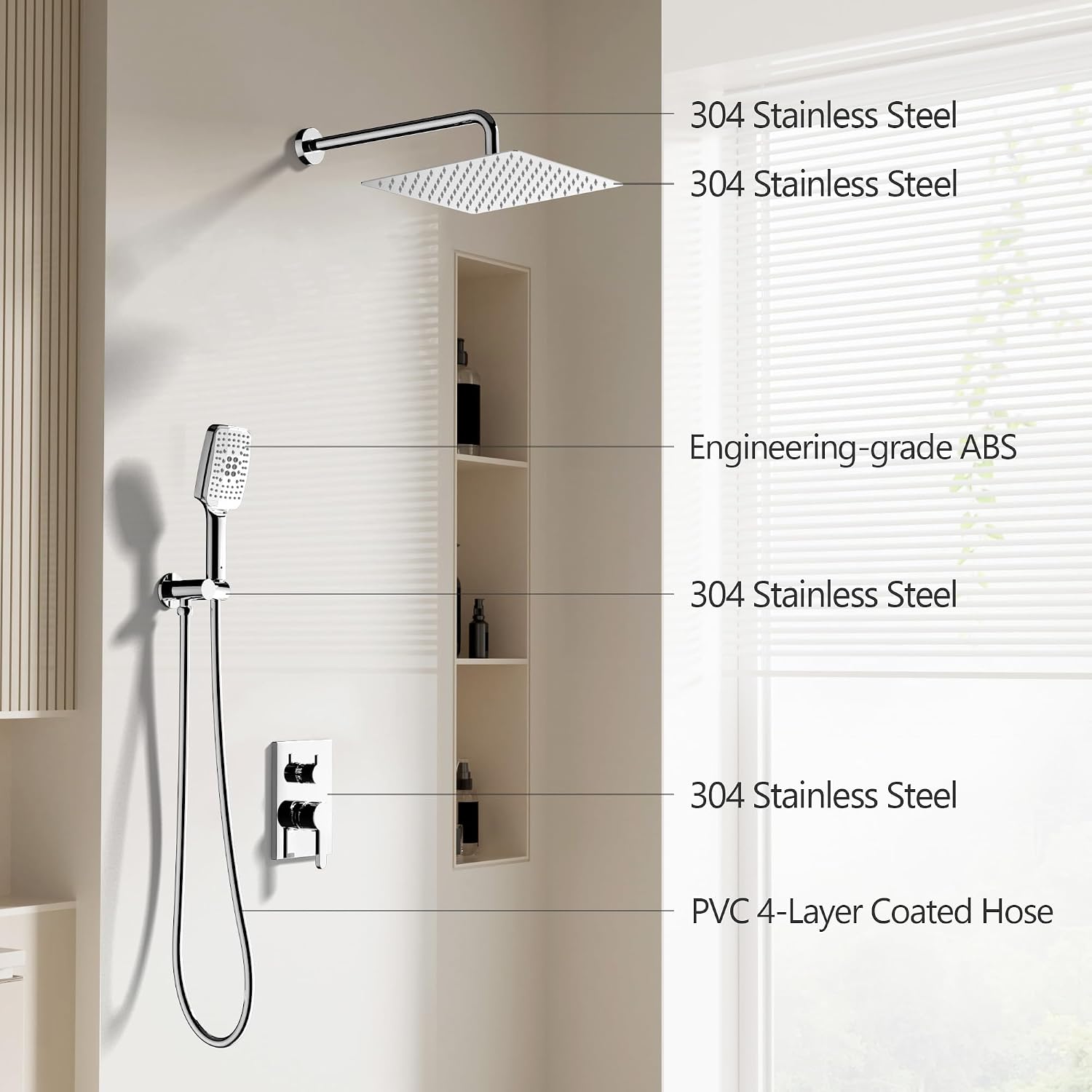 Shower Faucet Set - 12 inches Rain Shower System with 6 Function Handheld Shower Head Rough in Pressure Balance Valve Kit - Stainless Steel Bathroom Shower Kit Complete （Polished Chrome）