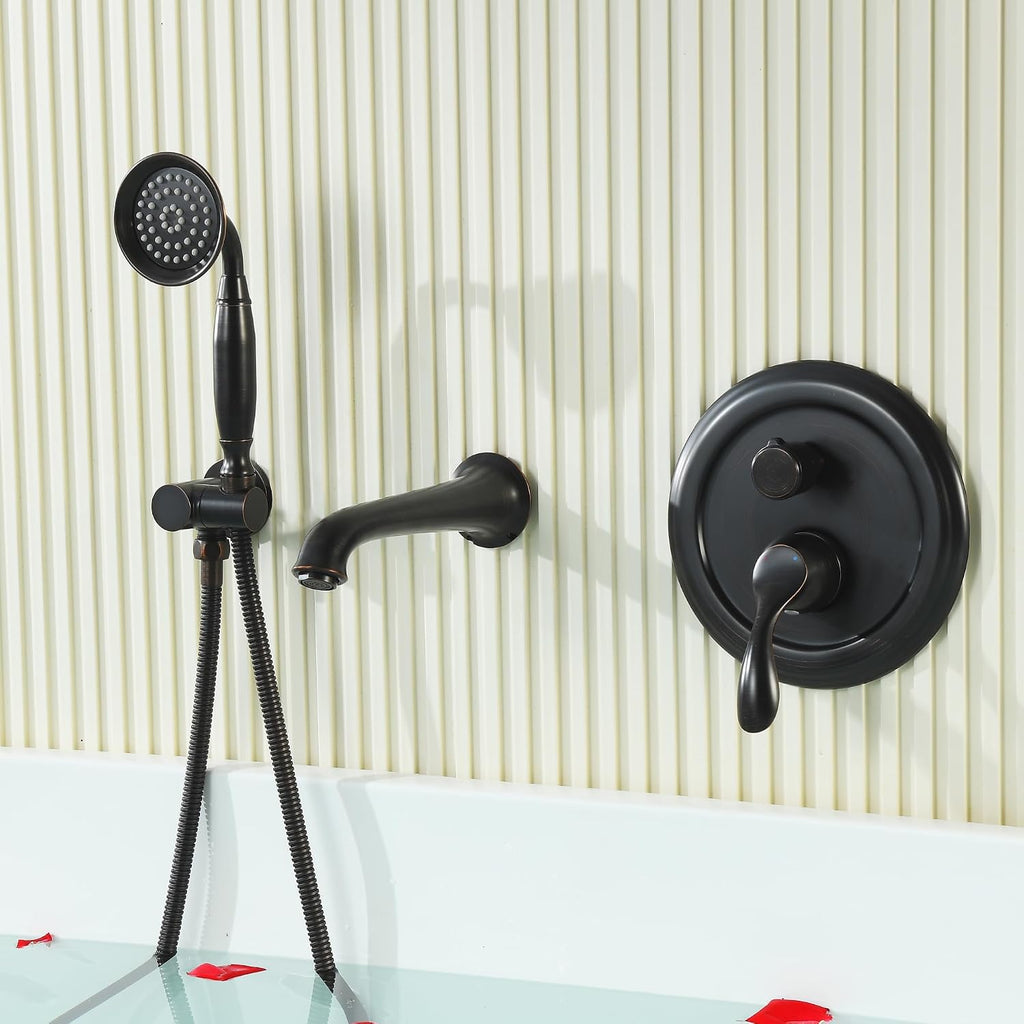 DASAN Antique Wall Mount Tub Filler Faucet with Hand Held Shower, Oil Rubbed Bronze Bathtub Faucet with Sprayer Wall Mounted Roman Bath Tub Faucet Set with High Flow Rough in Valve, AT201TF-ORB