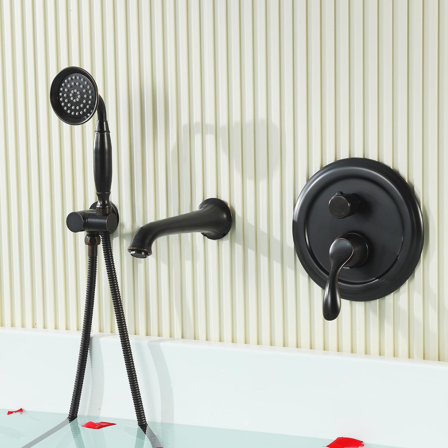 DASAN Antique Wall Mount Tub Filler Faucet with Hand Held Shower, Oil Rubbed Bronze Bathtub Faucet with Sprayer Wall Mounted Roman Bath Tub Faucet Set with High Flow Rough in Valve, AT201TF-ORB