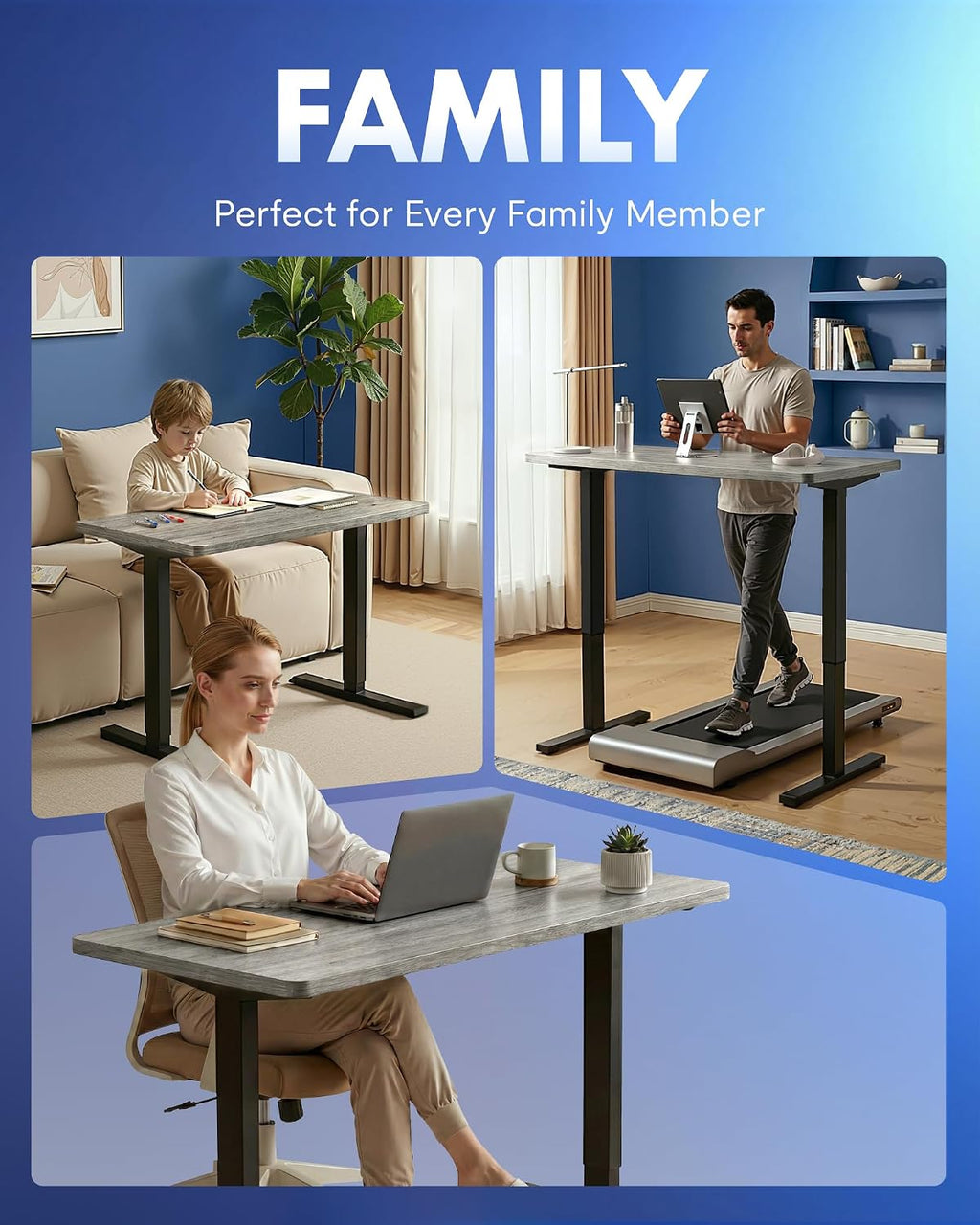 FLEXISPOT EN1 One-Piece Standing Desk, Electric Adjustable with 4 Memory Presets, 176 LBS Capacity, Stable & Quiet, Seamless Desktop for Home Office & Dual Monitors, 55'x28' Gray Wood