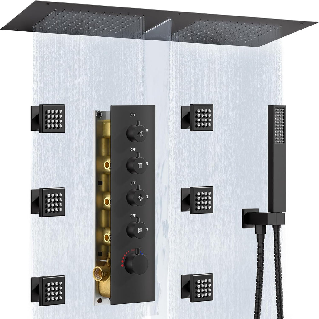 Luxury Dual-Zone Rain & Waterfall Shower Head for 2-Person, Matte Black Thermostatic Shower System with 32-Inch Flush Mount Shower, Full body Shower Faucet Set with Handheld Sprayer & 6 Jets