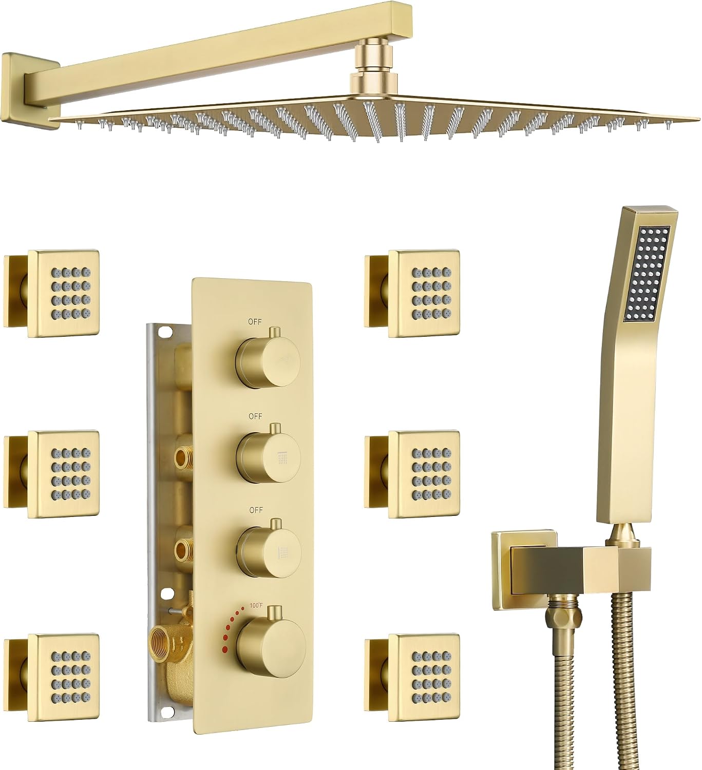 16' Thermostatic Rain Shower System with 6 Body Jets & 16-Inch Rainfall Shower Head, JetsBath Full Body Shower Faucet Sets with Valve & Handheld, Brushed Gold Luxury Wall Mount Shower Faucet Set