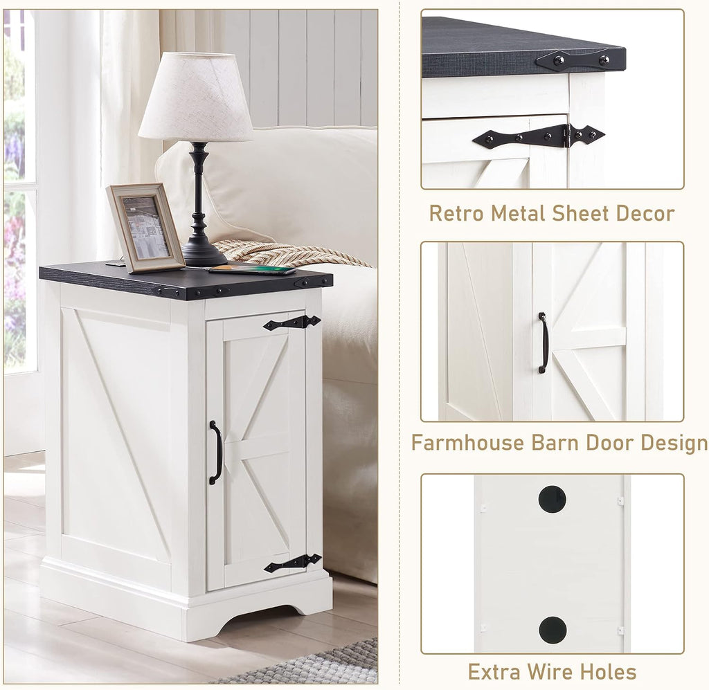 JXQTLINGMU Nightstand with Charging Station, Rectangular Farmhouse End Table with Barn Door and Adjustable Storage Shelf, 17' Deep Wood Rustic Sofa Side Table for Living Room, Bedroom, White | with Charging Station