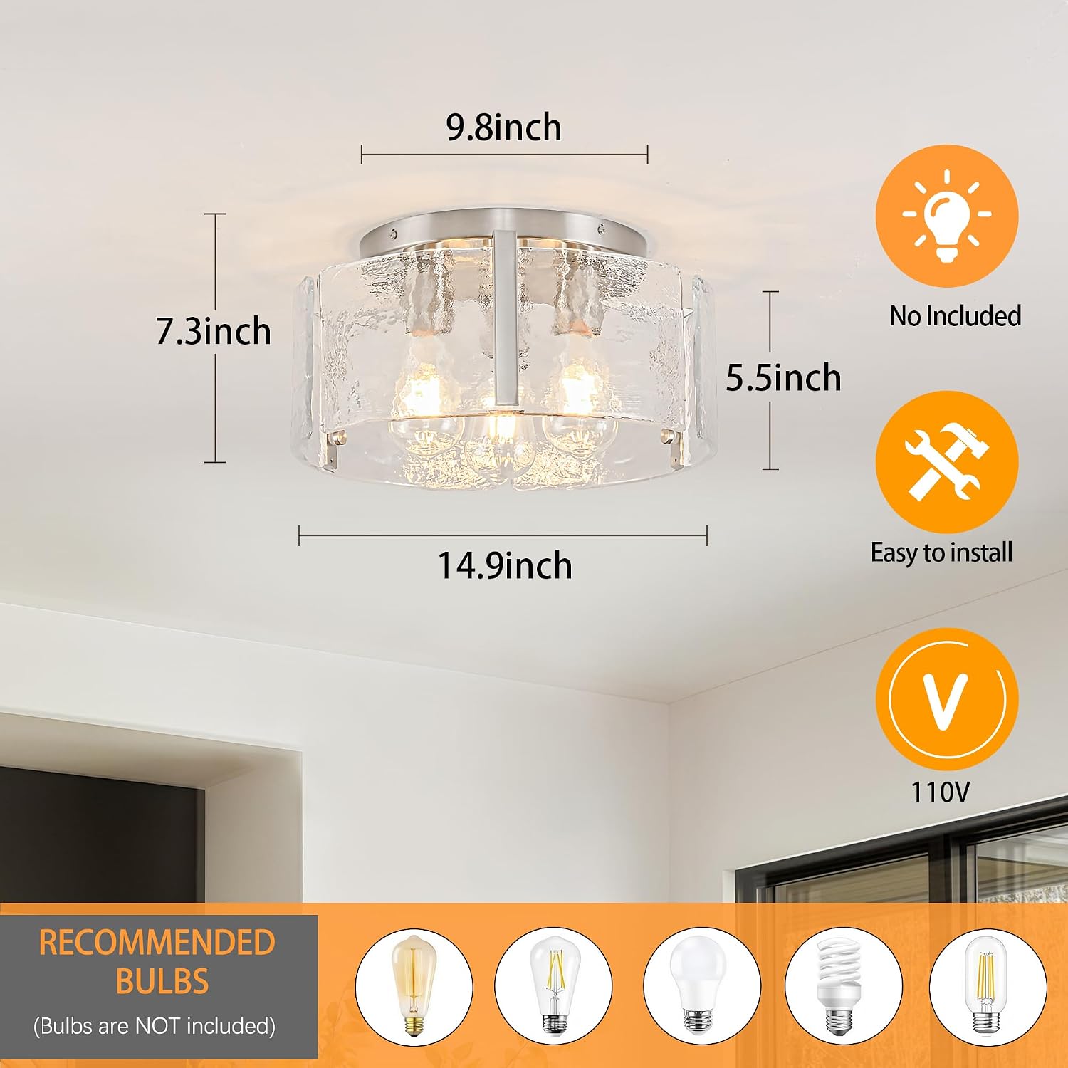 14.9 Inch Modern Semi Flush Mount Ceiling Light, Nickel Glass Ceiling Light Fixture 3-Light Kitchen Island Light Fixtures Ceiling Light for Foyer Hallway Bedroom Laundry Entryway Lighting Fixtures