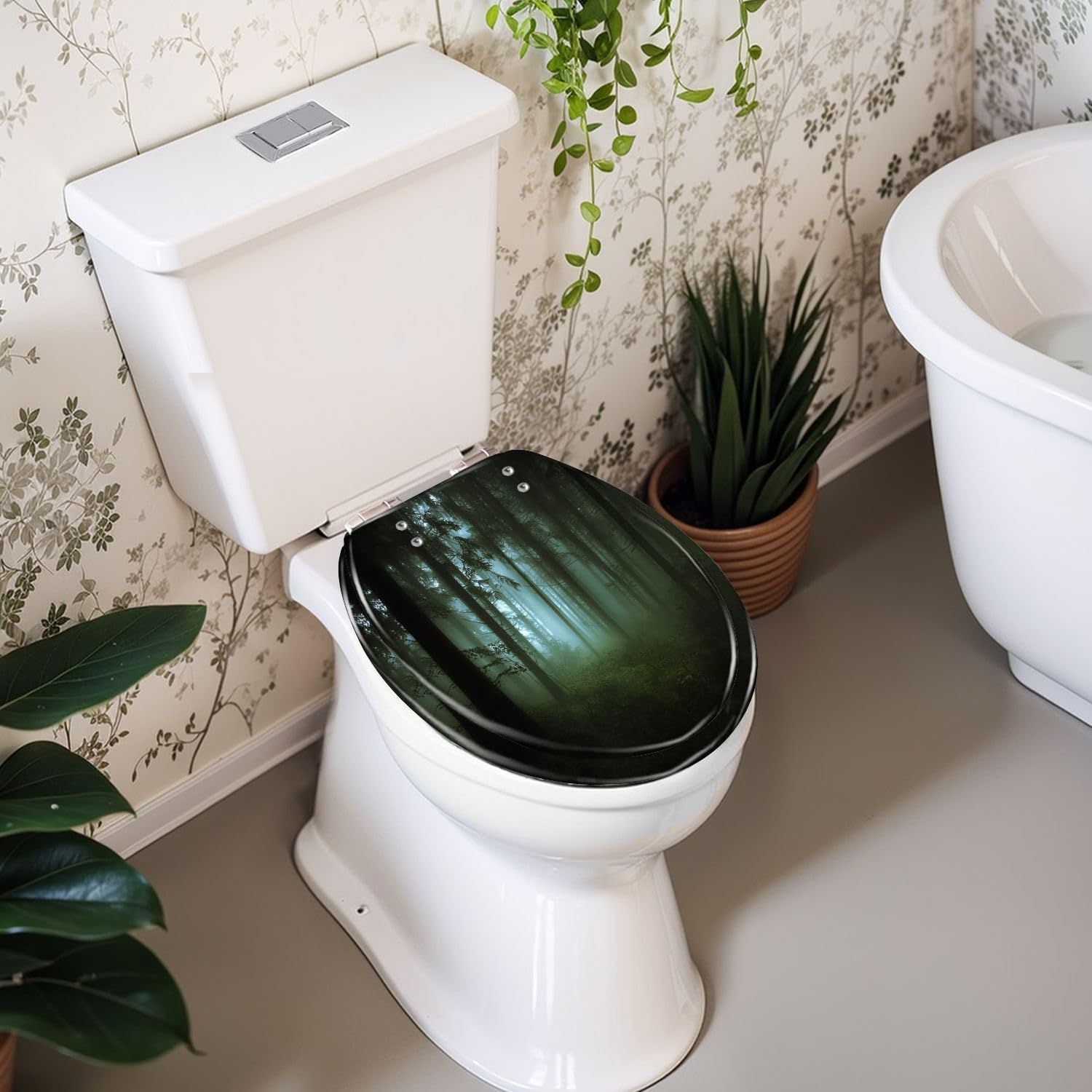 Round Toilet Seat green forest fog morning Resin Toilet Seat Slow Quiet Close Lid with Quick-Release Hinges Cover Bumpers Easy to Clean Install