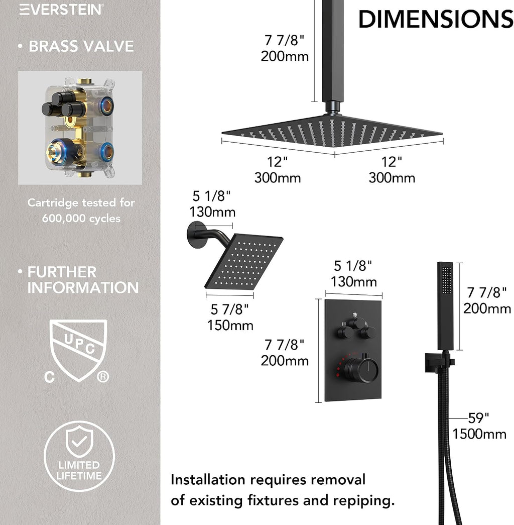 Ceiling Mount 12' High-Pressure Rainfall Shower Faucet, Dual Rainfall Shower Head System with Valve (Matte Black)
