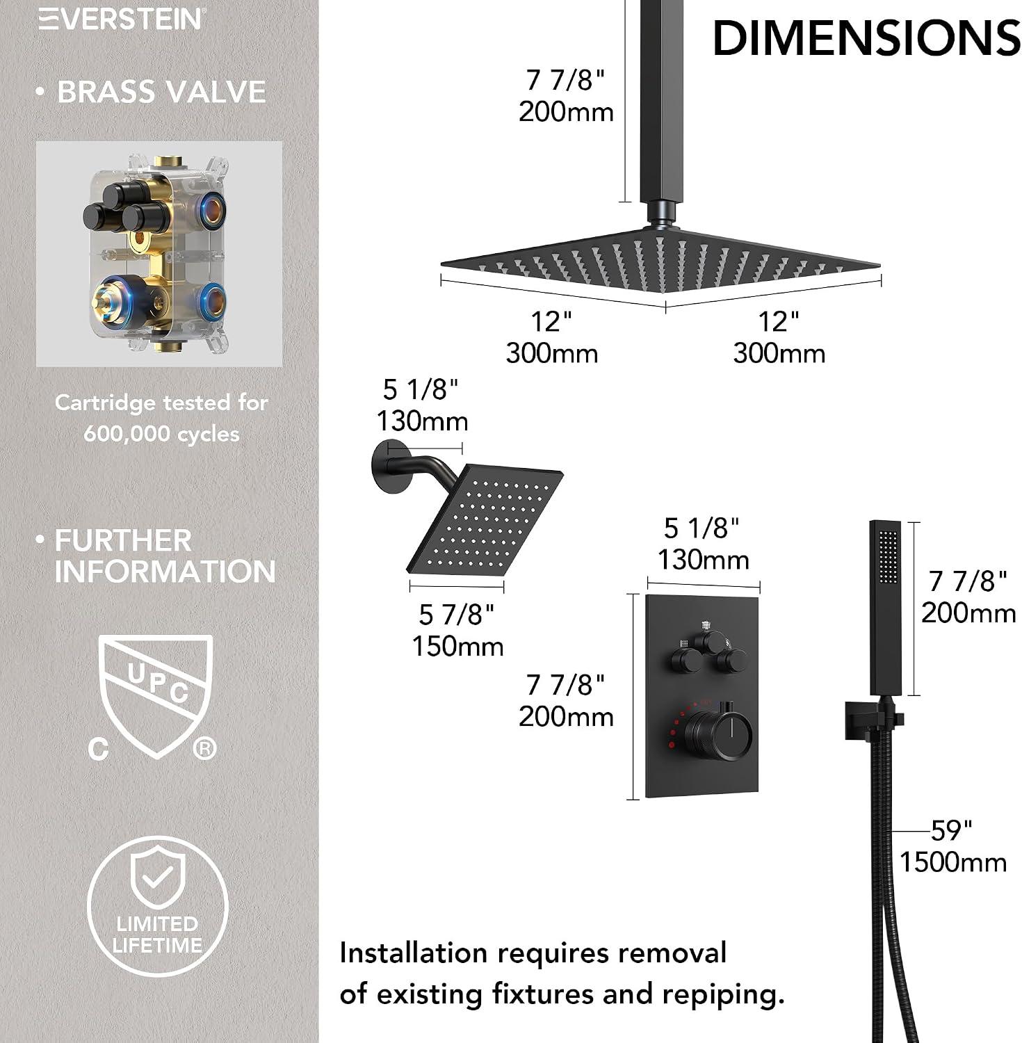 Ceiling Mount 12' High-Pressure Rainfall Shower Faucet, Dual Rainfall Shower Head System with Valve (Matte Black)