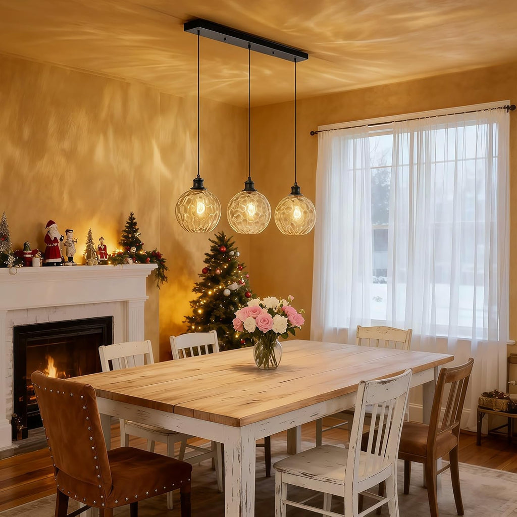 3 Light Pendant Lights Kitchen Island, Black Island Lights for Kitchen, 31.5' Globe Pendant Light with Clear Hammered Glass Shade, Adjustable Farmhouse Hanging Light Fixtures