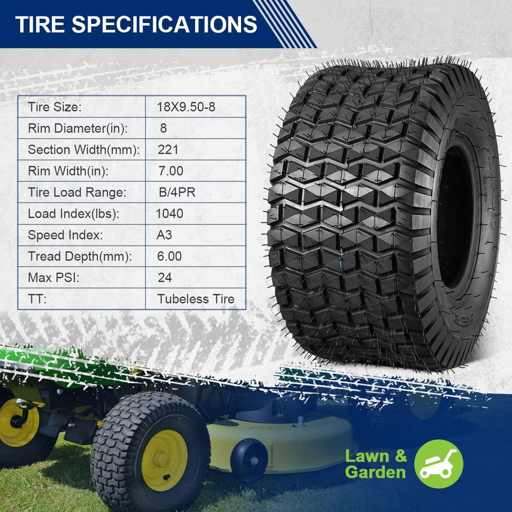 MaxAuto Lawn Mower Tires 15x6.00-6 Front & 18x9.50-8 Rear Tire, for Lawnmowers, Riding Lawn Mower, Lawn Tractor, Golf Cart, 4 Ply Tubeless Tire, FOX V1, 4 Pack in 2 Packages