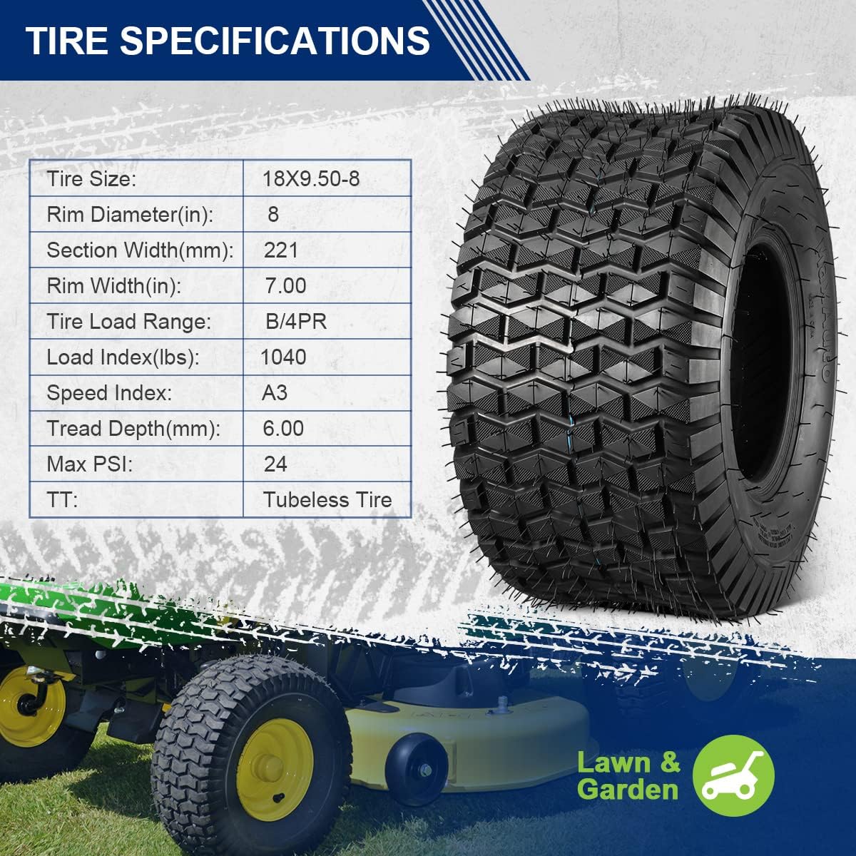 MaxAuto Lawn Mower Tires 15x6.00-6 Front & 18x9.50-8 Rear Tire, for Lawnmowers, Riding Lawn Mower, Lawn Tractor, Golf Cart, 4 Ply Tubeless Tire, FOX V1, 4 Pack in 2 Packages