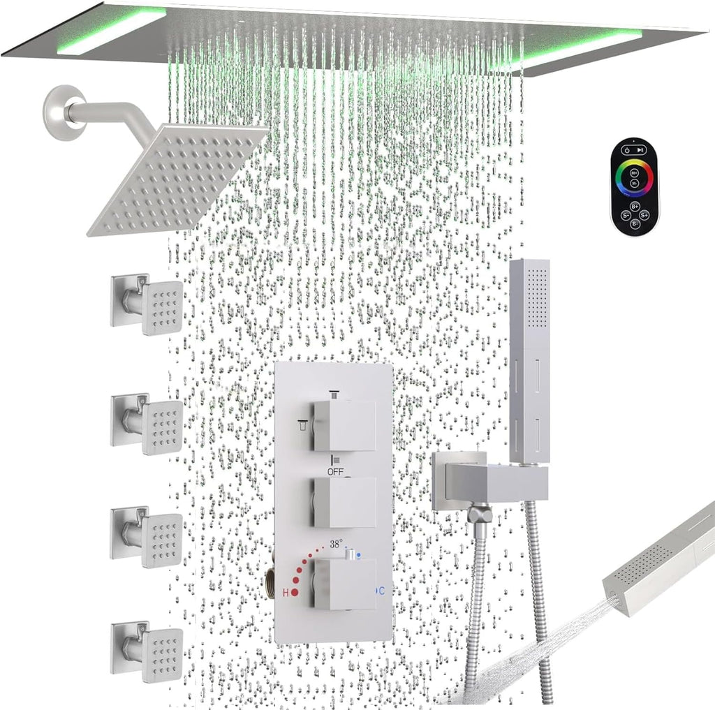Brushed Nickel Dual heads Thermostatic Shower Faucets Set, 4-Way Shower System 14X20Inch LED Rainfall Shower Head with 6inch Wall Mount Showerhead and Dual-mode Handheld, 4 Jets with Shut-Off