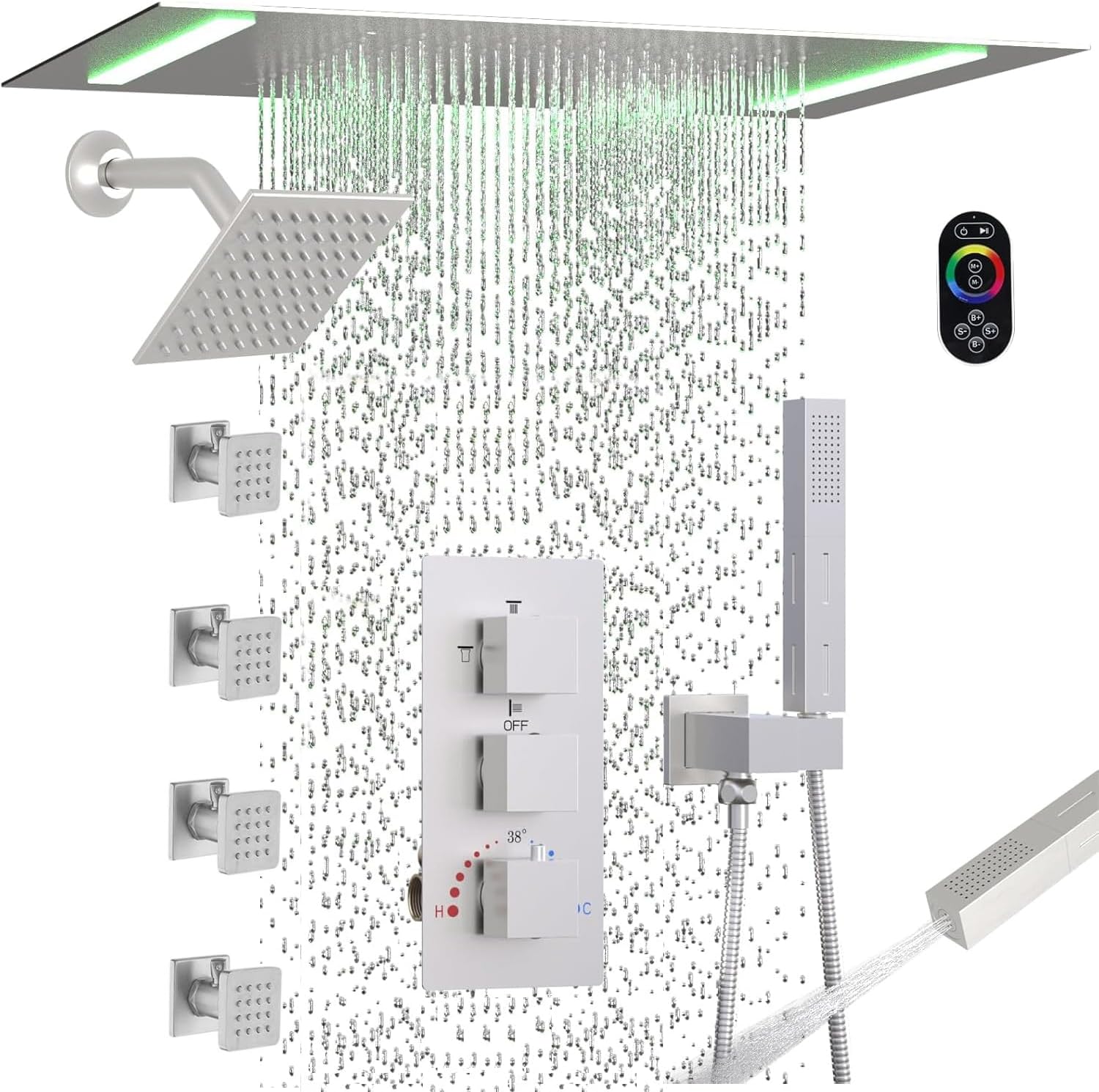 Brushed Nickel Dual heads Thermostatic Shower Faucets Set, 4-Way Shower System 14X20Inch LED Rainfall Shower Head with 6inch Wall Mount Showerhead and Dual-mode Handheld, 4 Jets with Shut-Off