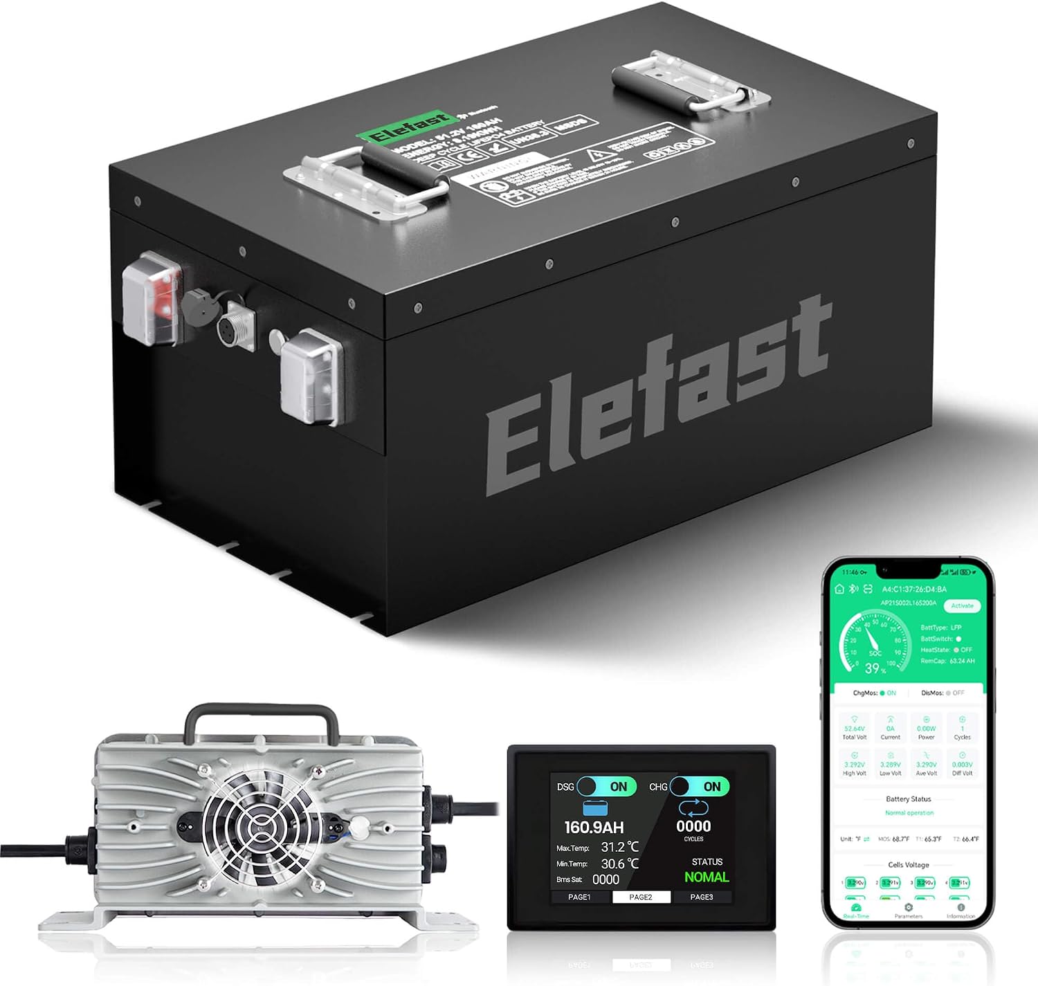 160AH 48V Lithium Battery for Golf Cart,51.2V Lifepo4 Battery with 22A Charger and Touch Monitor,Built-in 200A BMS and Bluetooth,Up to 8000 Deep Cycle,Perfect for Golf Carts