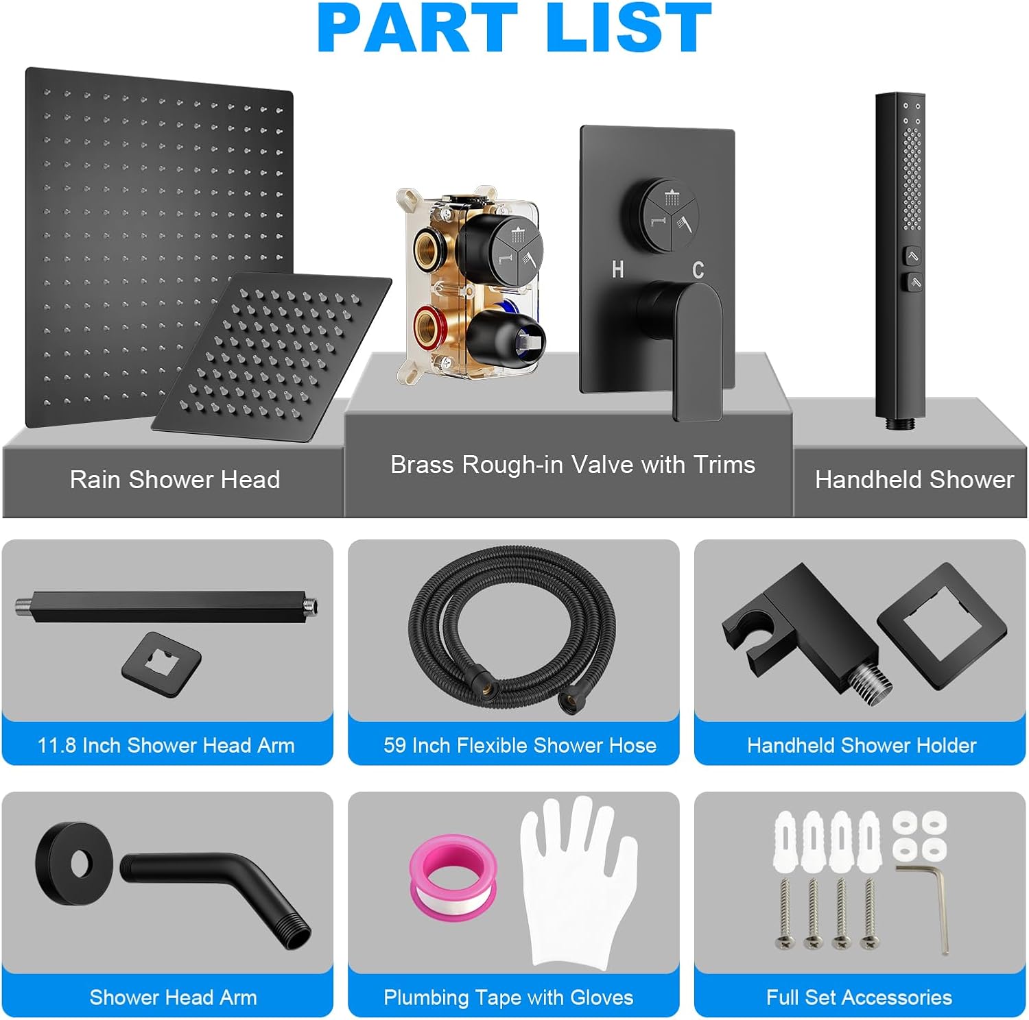 Shower Faucet Set, 3-Setting Push Button Matte Black Shower System, 12 Inch Ceiling Mounted Shower Head, 6 Inch Wall Mounted Rain Shower Head with 2 in 1 Handheld Spray, Shower Valve Trim Kit