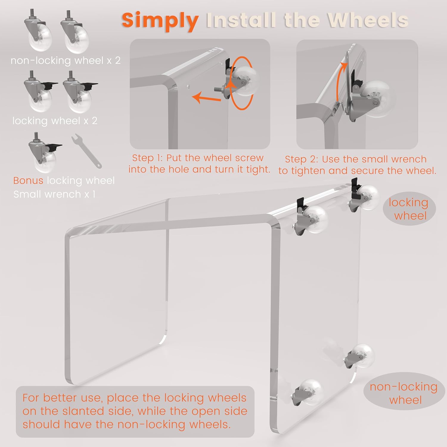 C Shaped Side Table for Sofa, Heavy Clear Acrylic Mobile End Table on Wheels, Modern Rolling Snack & Drink Use for Living Room & Bedroom, Space-Efficient Design with Sturdy Construction, 15mm Thick