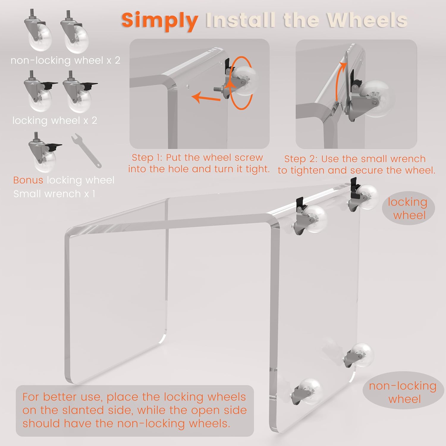 2-Pack C Shaped Side Table for Sofa, Heavy Clear Acrylic Mobile End Table on Wheels, Modern Rolling Snack & Drink for Living Room & Bedroom, Space-Efficient Design with Sturdy Construction, 15mm Thick