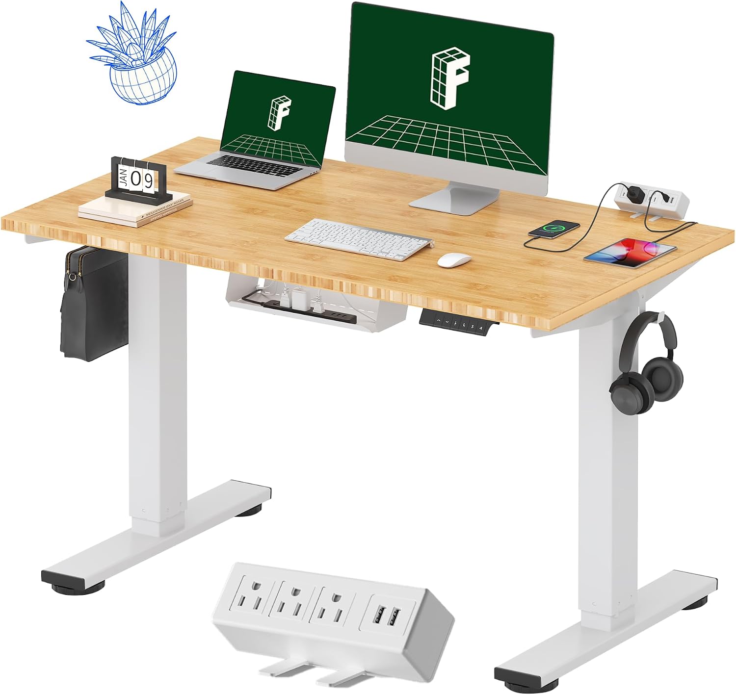 FLEXISPOT EN2 Whole-Piece Bamboo Standing Desk with Clamp Power Strip, 48 x 24 Electric Stand Up Height Adjustable Desk with Cable Management (White Frame + 48' Bamboo Top, 2 Packages)