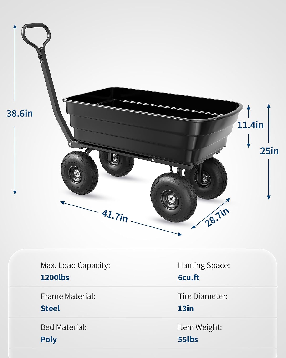 GarveeLife Poly Dump Cart - Heavy Duty 1200lbs Garden Cart with Quick-Release Dumping 13' Tires, Utility Wagon for Yard Work, Landscaping, Gardening