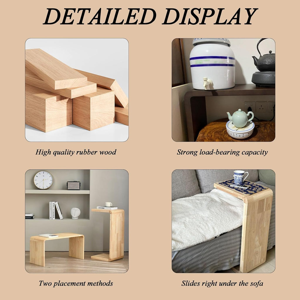 C Shaped End Table, Solid Wood Sofa Side Table for Couch, Bed, and Living Room, Space-Saving Small Snack Table for Bedroom, Office, or Balcony, Wooden Nightstand for Laptop and Narrow Spaces
