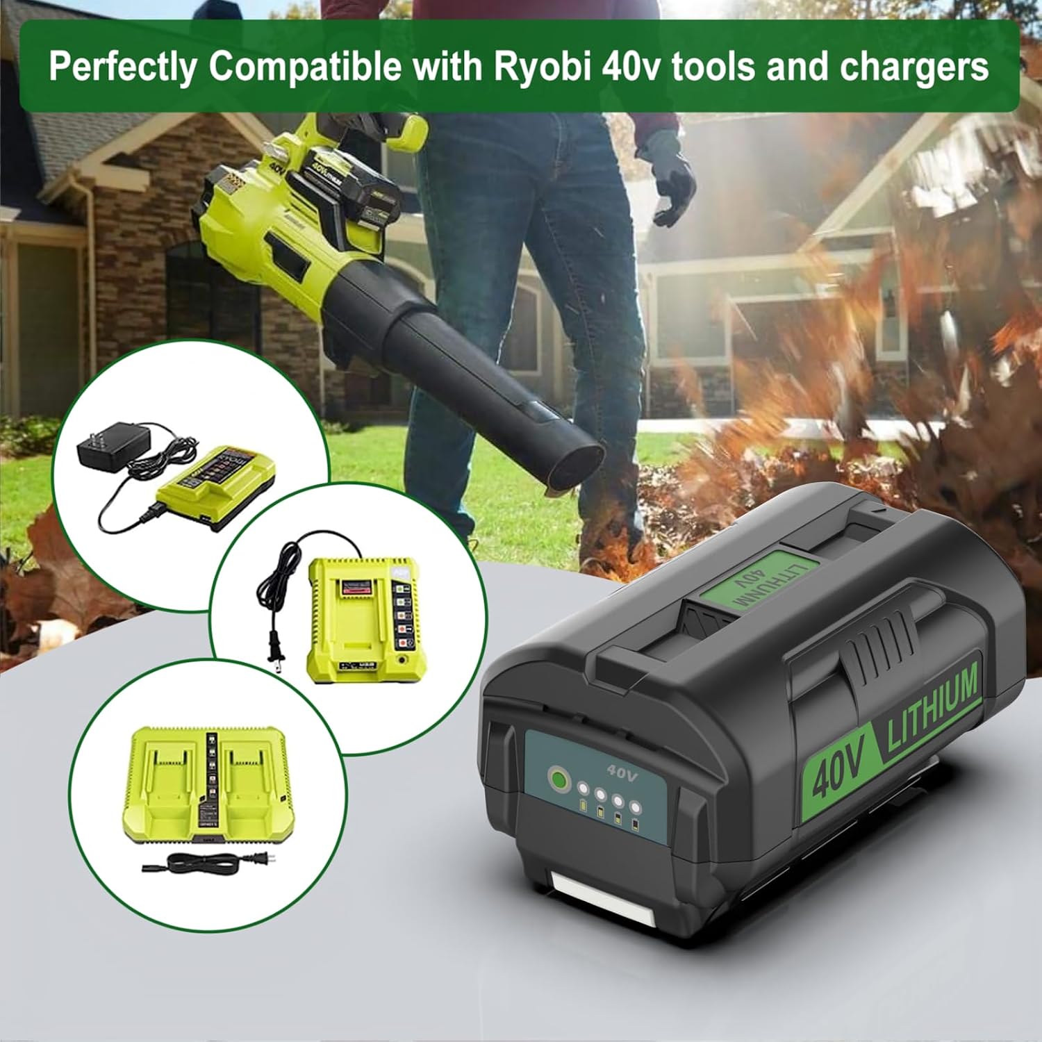 Powilling 2 Packs 6.0Ah Battery Compatible with Ryobi 40V Battery and Charger Kit for OP4026 OP40601 OP4050A OP4040 OP4030 OP4050 with OP401 40V Charger