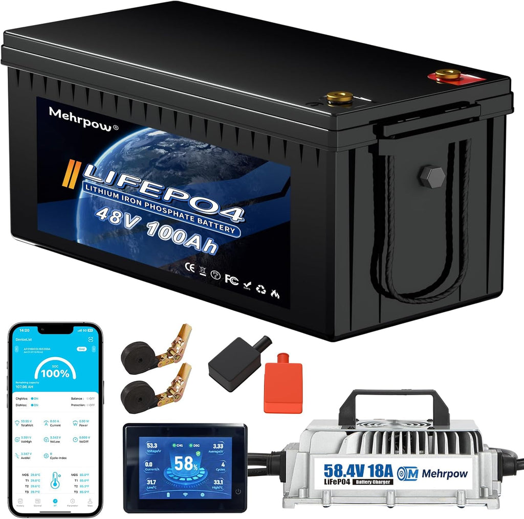 48V Lithium Battery Golf Cart Batteries Kit with Smart 200A BMS 58.4V 18A Charger Touch Monitor & Mobile APP 10000 Cycles 48V 100Ah LiFePO4 Battery Peak Current 1000A(3-5s) for Club Car, EZGO, Yamaha