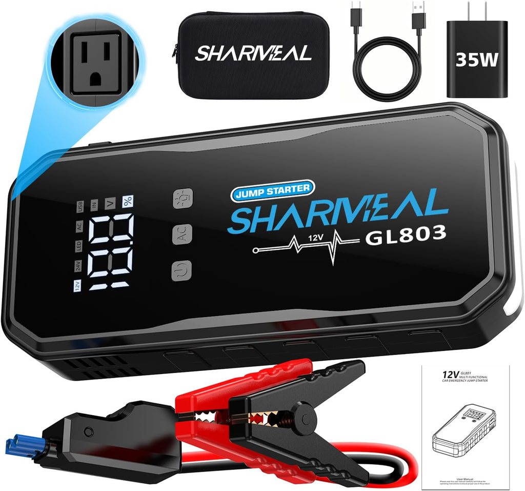 Sharmeal 22-in-1 9000A Jump Starter, 24000mAh Car Booster Pack with 80W AC Outlet & PD 35W Super Fast Charging, 12V Jump Starter Battery Pack for All Gas and 12.0L Diesel
