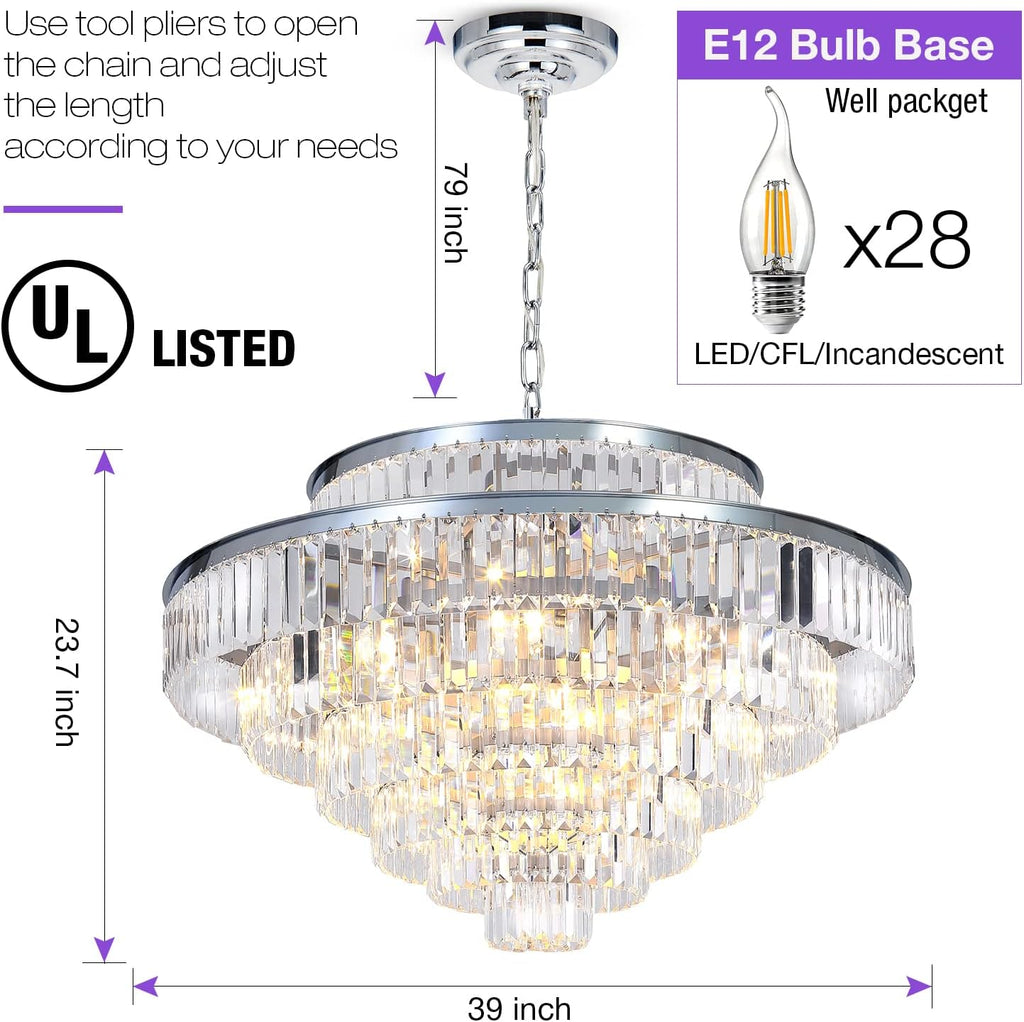 Crystal Chandeliers Modern Style Chrome 39 inch & Lights Round Hanging Classic Pendant Ceiling Chandelier Lighting Fixture 7-Tier for Dining Room Living Room