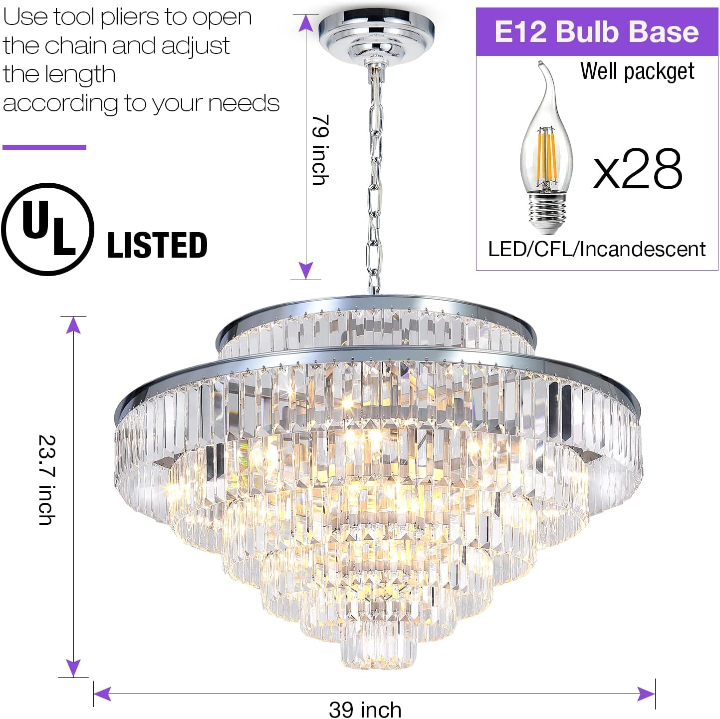 Crystal Chandeliers Modern Style Chrome 39 inch & Lights Round Hanging Classic Pendant Ceiling Chandelier Lighting Fixture 7-Tier for Dining Room Living Room