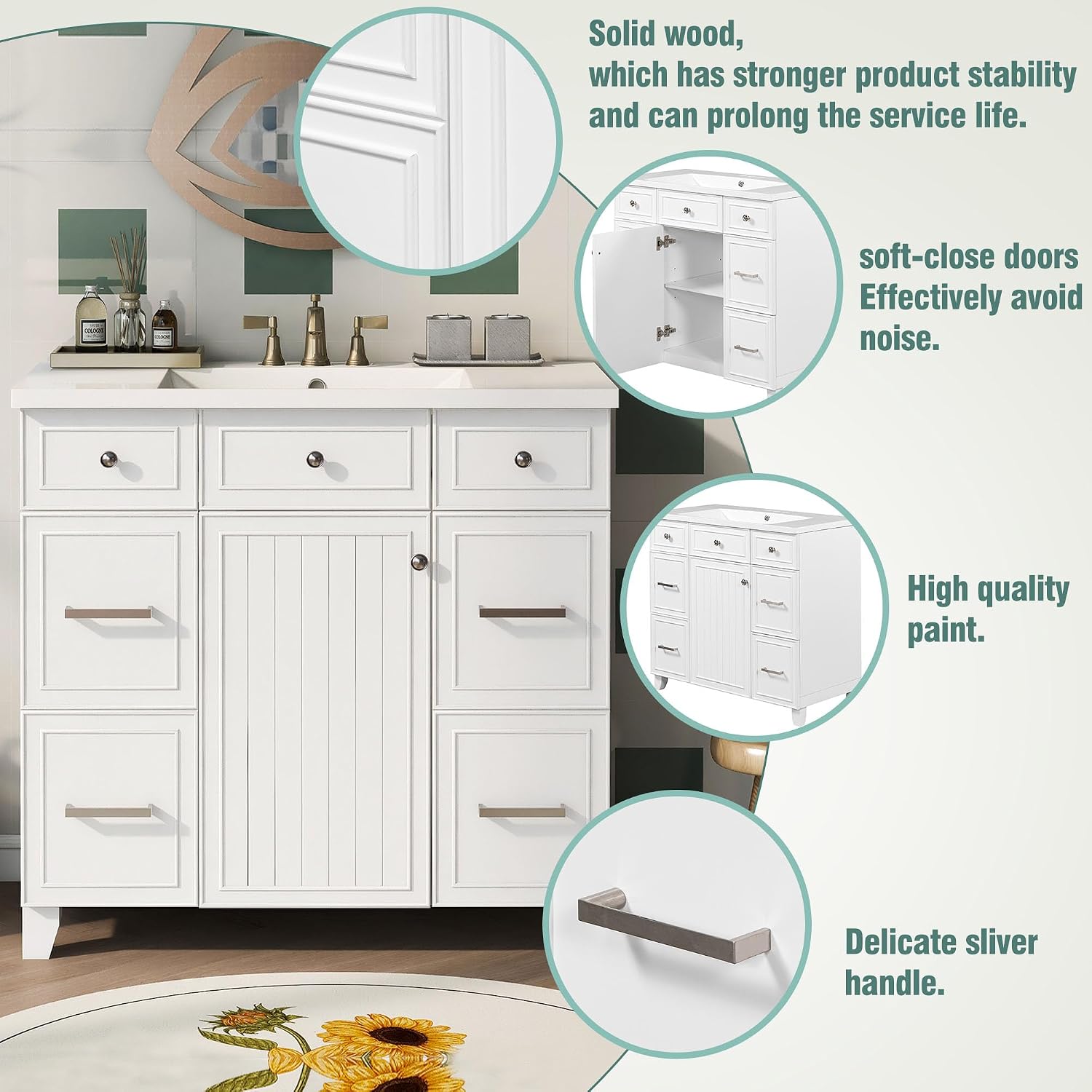 LUMISOL 36' Bathroom Vanity with Sink Top, Modern Bathroom Vanity with 3 Drawers & Cabinet, Solid Wood Bathroom Cabinet with Undermount Basin, White