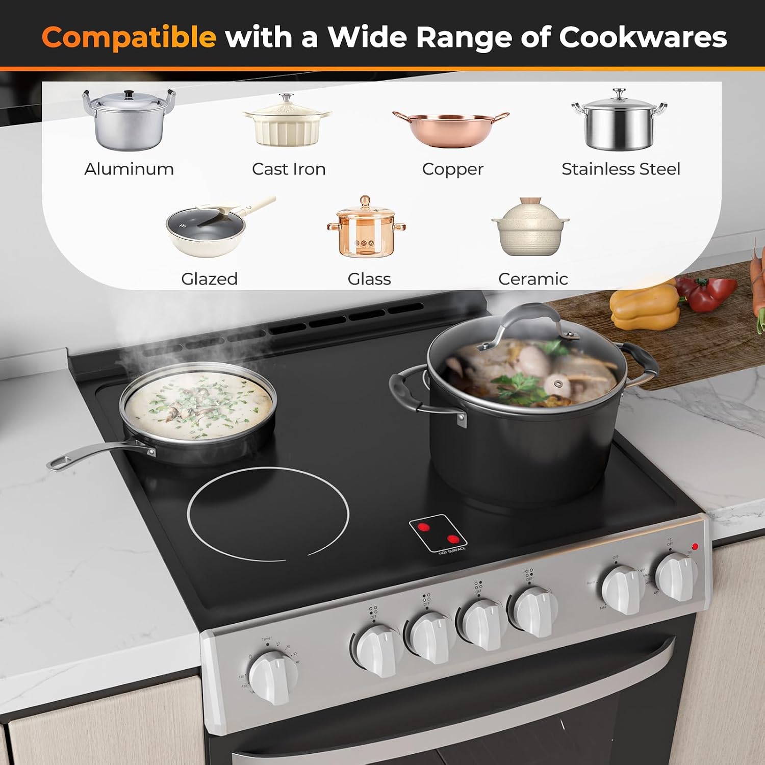 COSTWAY Electric Range, 30 Inch Freestanding & Slide-in Kitchen Stove with 4 Burners Ceramic Cooktop, 5.1 Cu.Ft. Capacity, Stainless Steel Convection Oven with 3 Cooking Modes and 10-120 Mins Timer