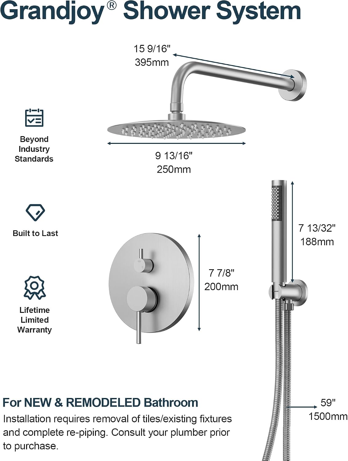 10 Inch Round Shower Faucet Set, High Pressure Rainfall Shower Head and Handheld Sprayer Combo, Brushed Nickel