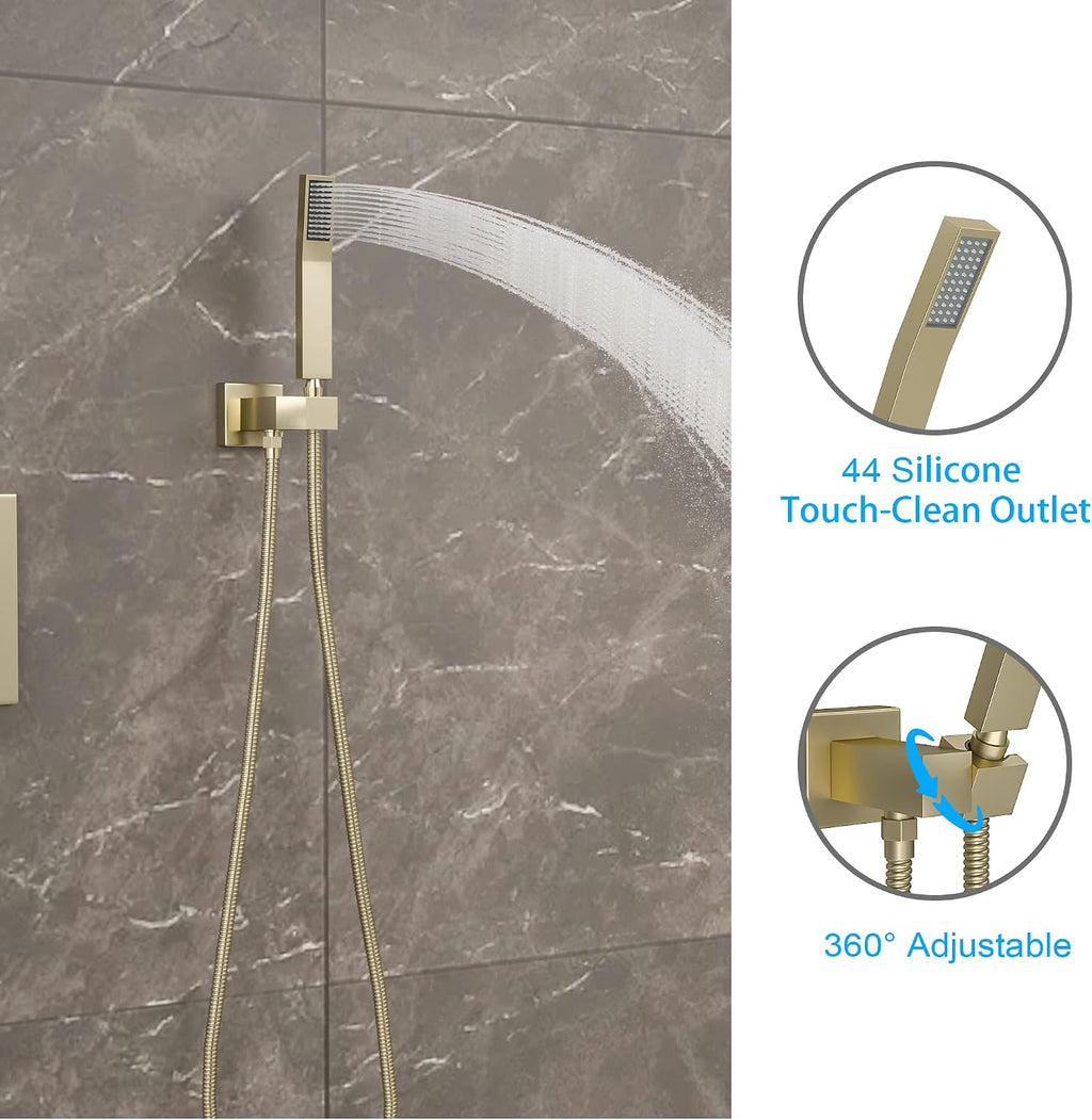 Lordear 12 Inch Rainfall Shower System Wall Mounted Shower Head Faucet Set Gold Brushed Stainless Steel Showerhead with Handheld Combo, Brass Valve Included