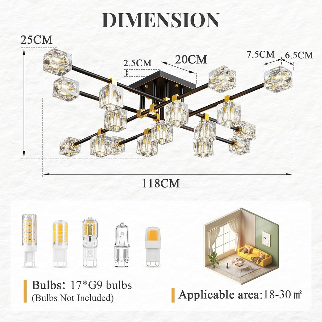 Crystal Sputnik Ceiling Light Fixture，Modern Luxury Black and Gold Chandeliers with 17-Light，Semi Flush Mount Ceiling Light Fixture for Dining Room,Living Room,Kitchen Island,Bedroom.