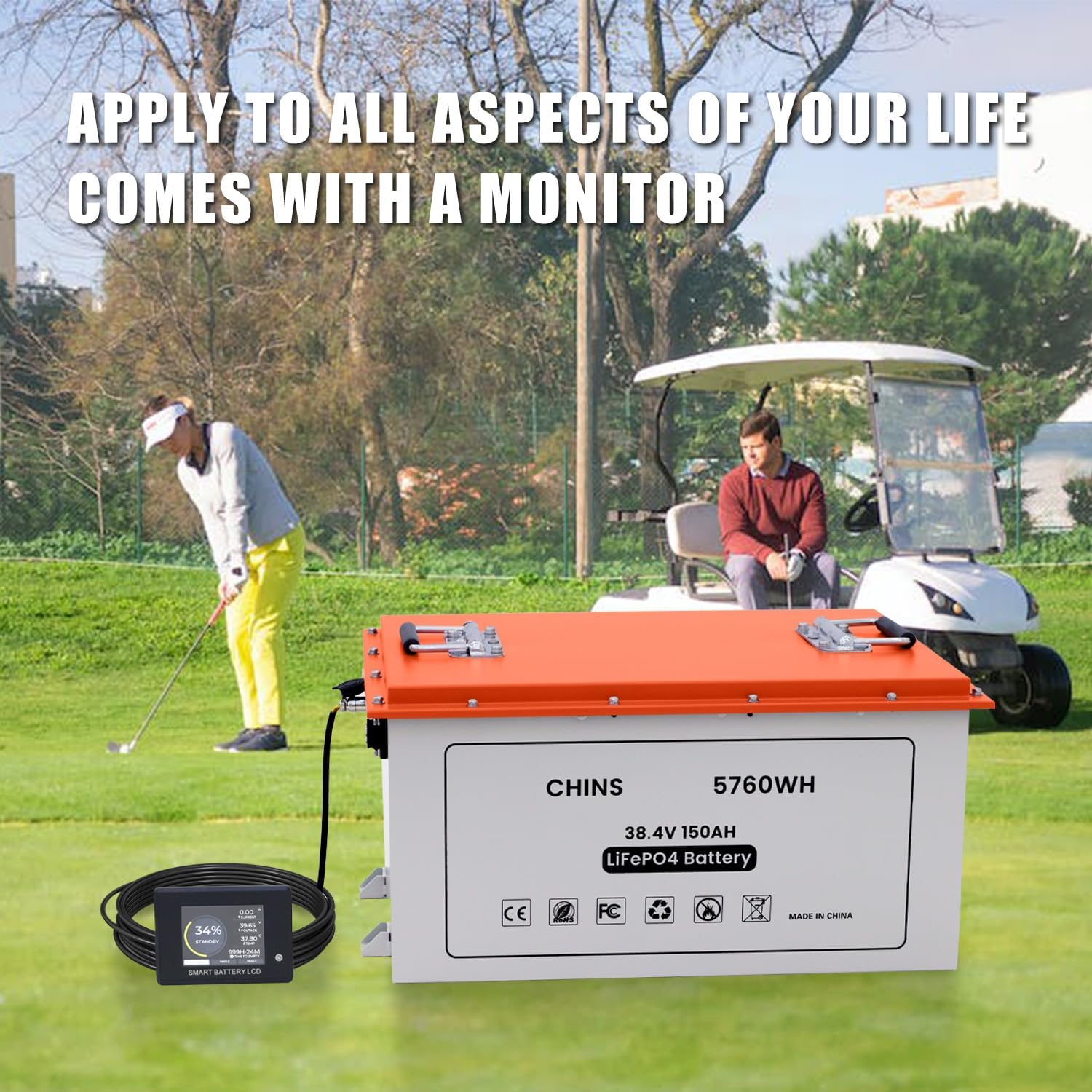 CHINS Smart LiFePO4 Battery Bluetooth 36V 150AH Lithium Battery Perfect for Golf Cart, Trolling Motor, Marine, Built-in 200A BMS, Includes Battery Monitor, Peak Current 1000A