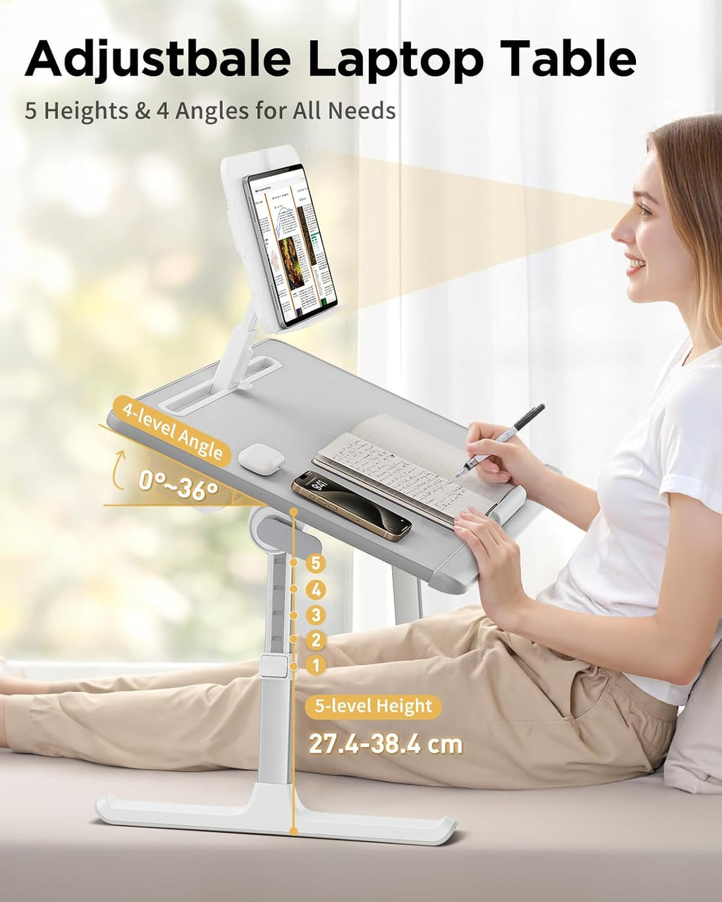 SAIJI Laptop Desk for Bed [Premium XXL Extra Large] with Upgraded Height Angle Adjustable Book Stand,Multi-Purpose Lapdesk Bed Tray Desk for Working Writing Reading Drawing (Grey)