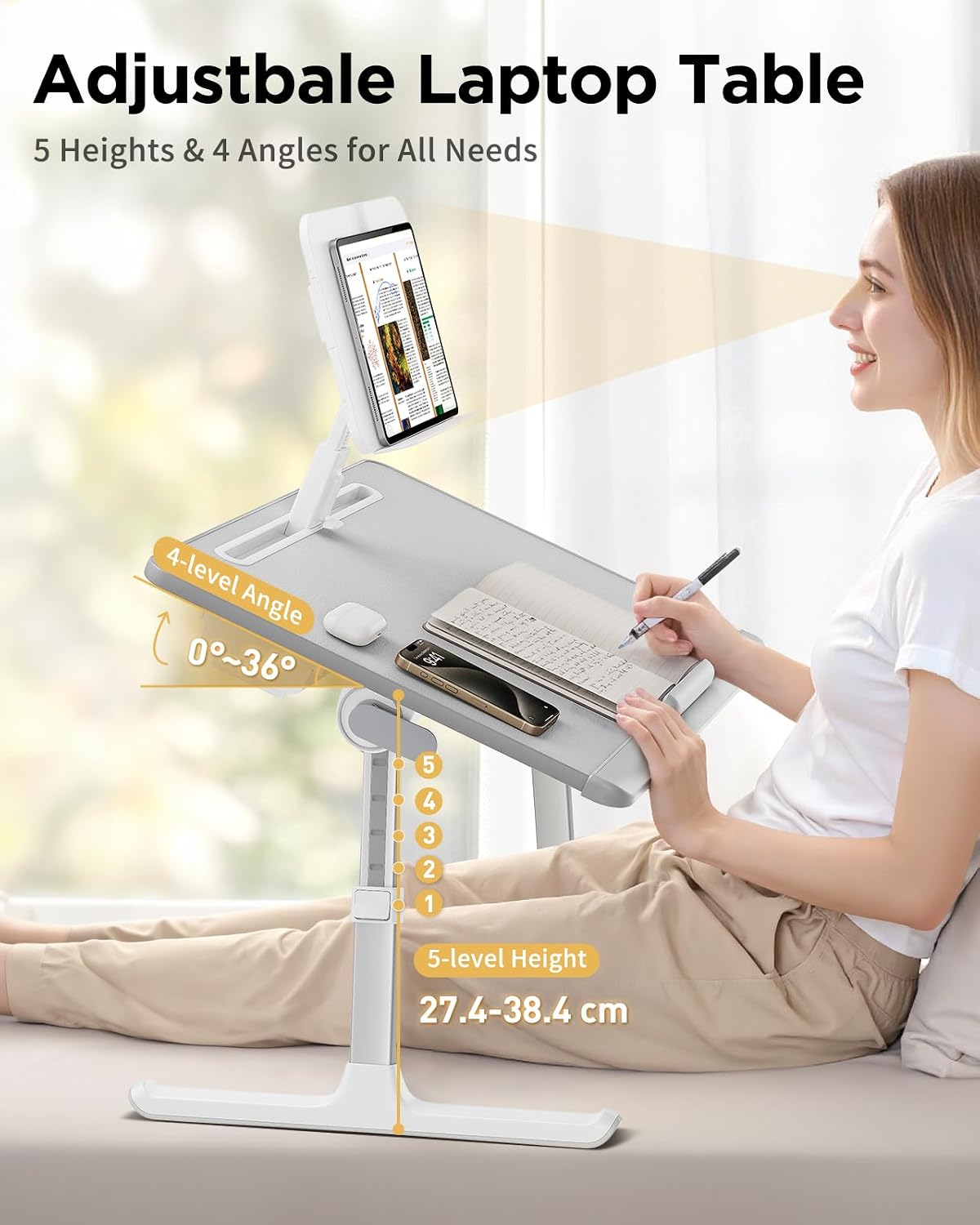 SAIJI Laptop Desk for Bed [Premium XXL Extra Large] with Upgraded Height Angle Adjustable Book Stand,Multi-Purpose Lapdesk Bed Tray Desk for Working Writing Reading Drawing (Grey)