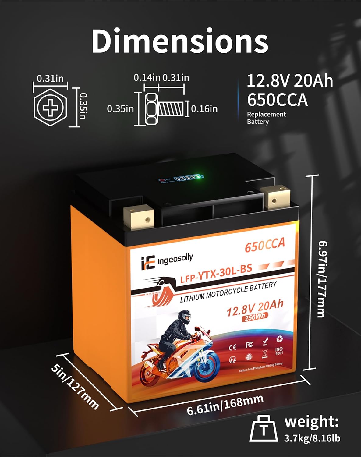 Lithium YTX30L-BS, 12V 20AH LiFePO4 Motorcycle Battery, 650CCA Powersports Battery for ATV, UTV, Jet Ski, 4 Wheeler,Snowmobile,Tractor,Generator and Riding Lawn Mower Battery